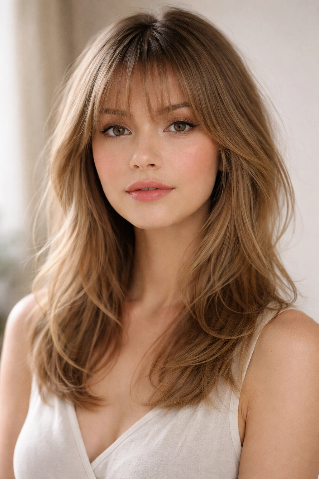 20 Medium Hairstyles With Bangs For Any Face 14 Close-up of wispy delicate bangs and light layers on medium-length hair