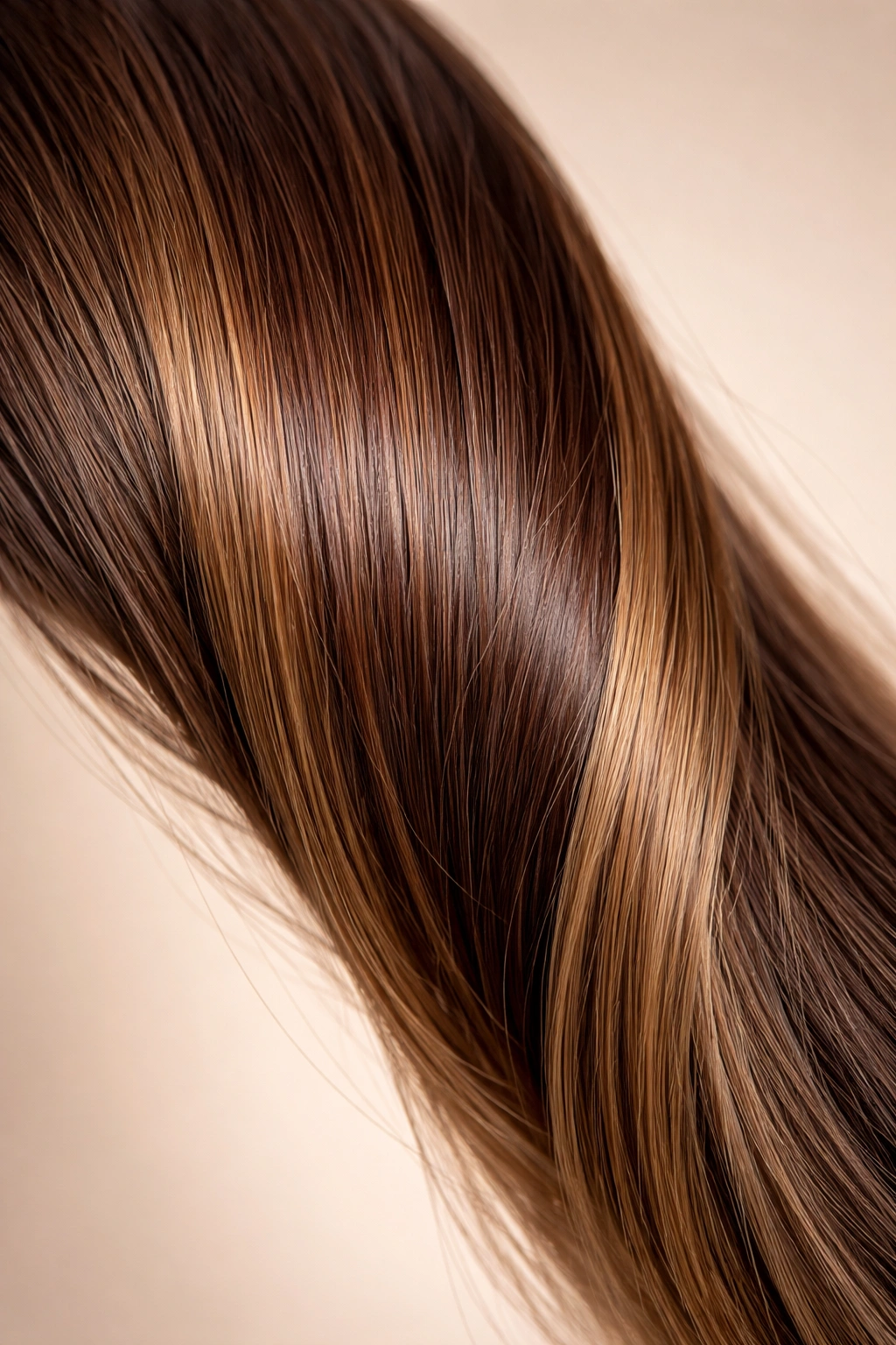 Macro close-up of a hair strand with demi-permanent color blending into natural hair, no text