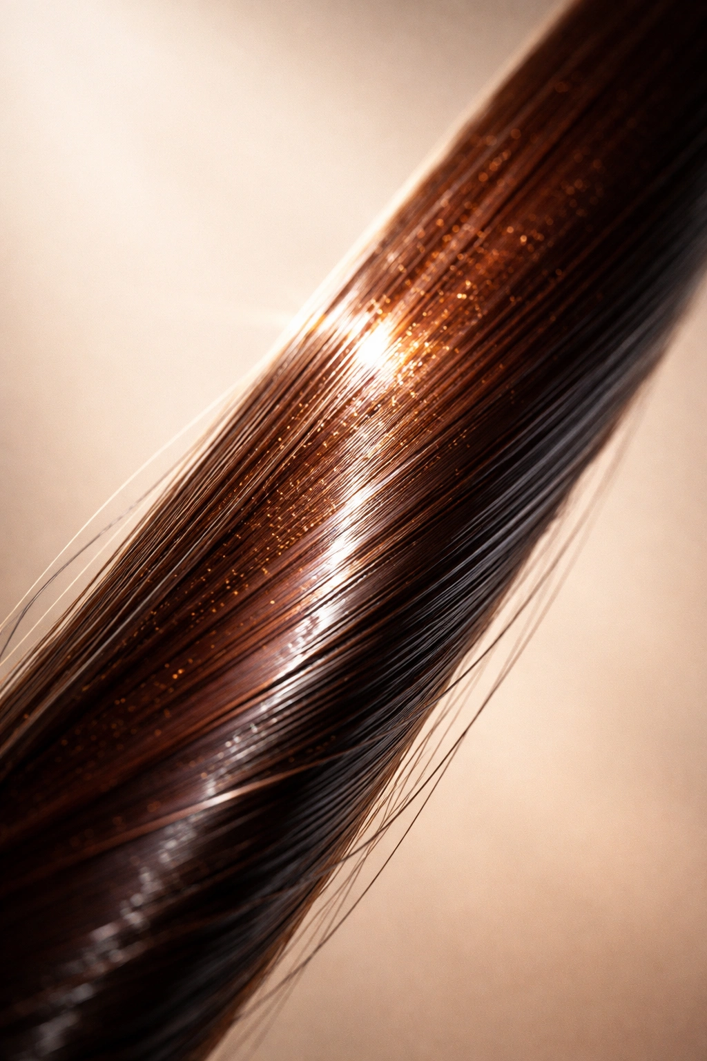 Close-up of a hair strand showing outer cuticle color deposition of demi-permanent dye