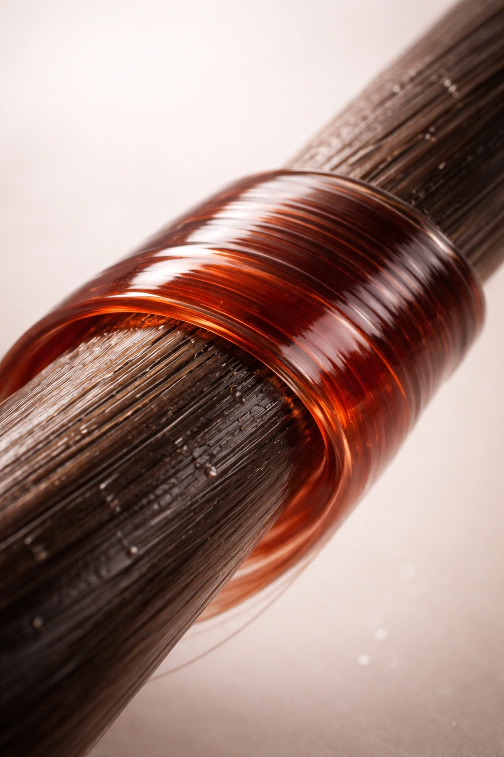 Close-up of a hair strand with glossy demi-permanent color deposit on a neutral background