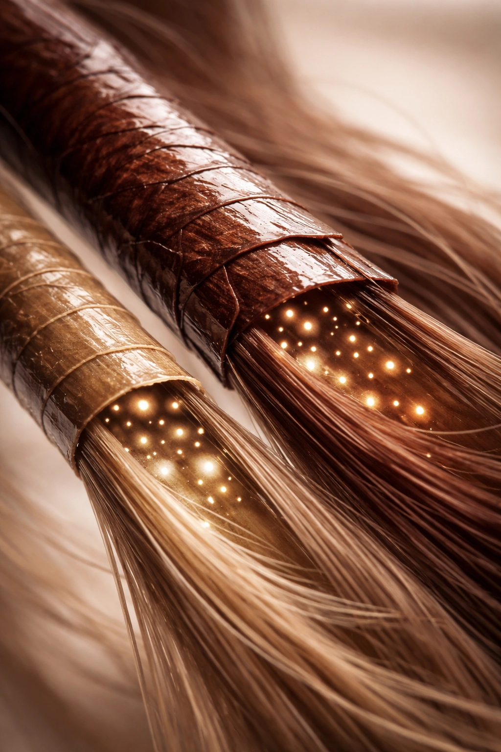 Hair strands showing slight color penetration and depth for demi-permanent color