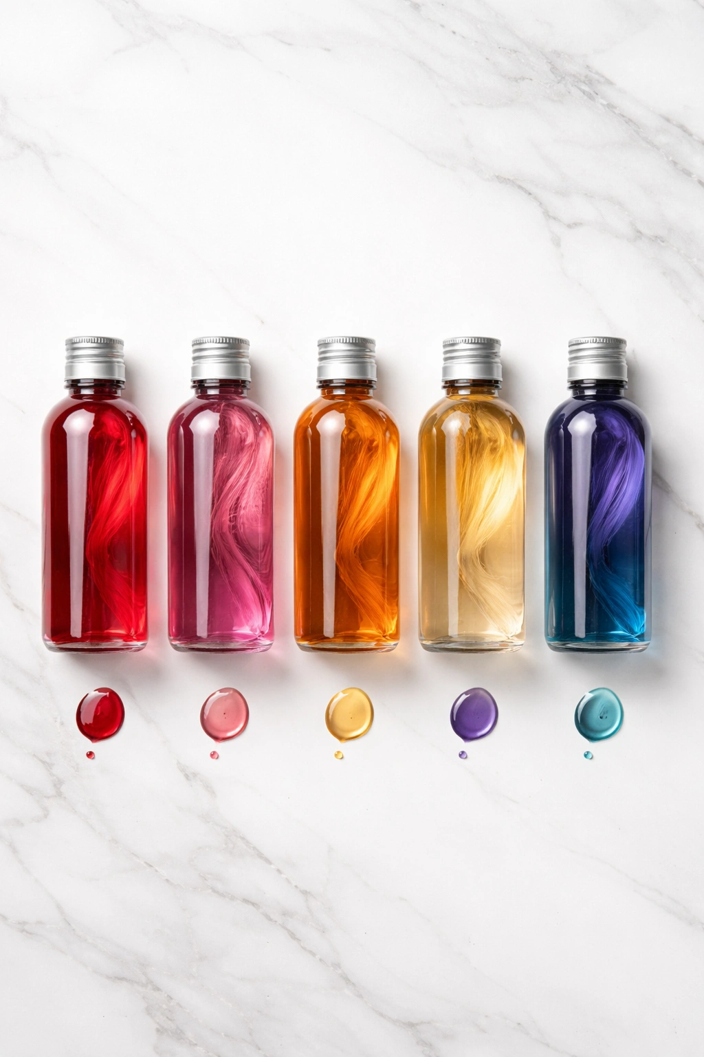 Close-up of glass bottles with colorful demi-permanent hair color liquids on a neutral background