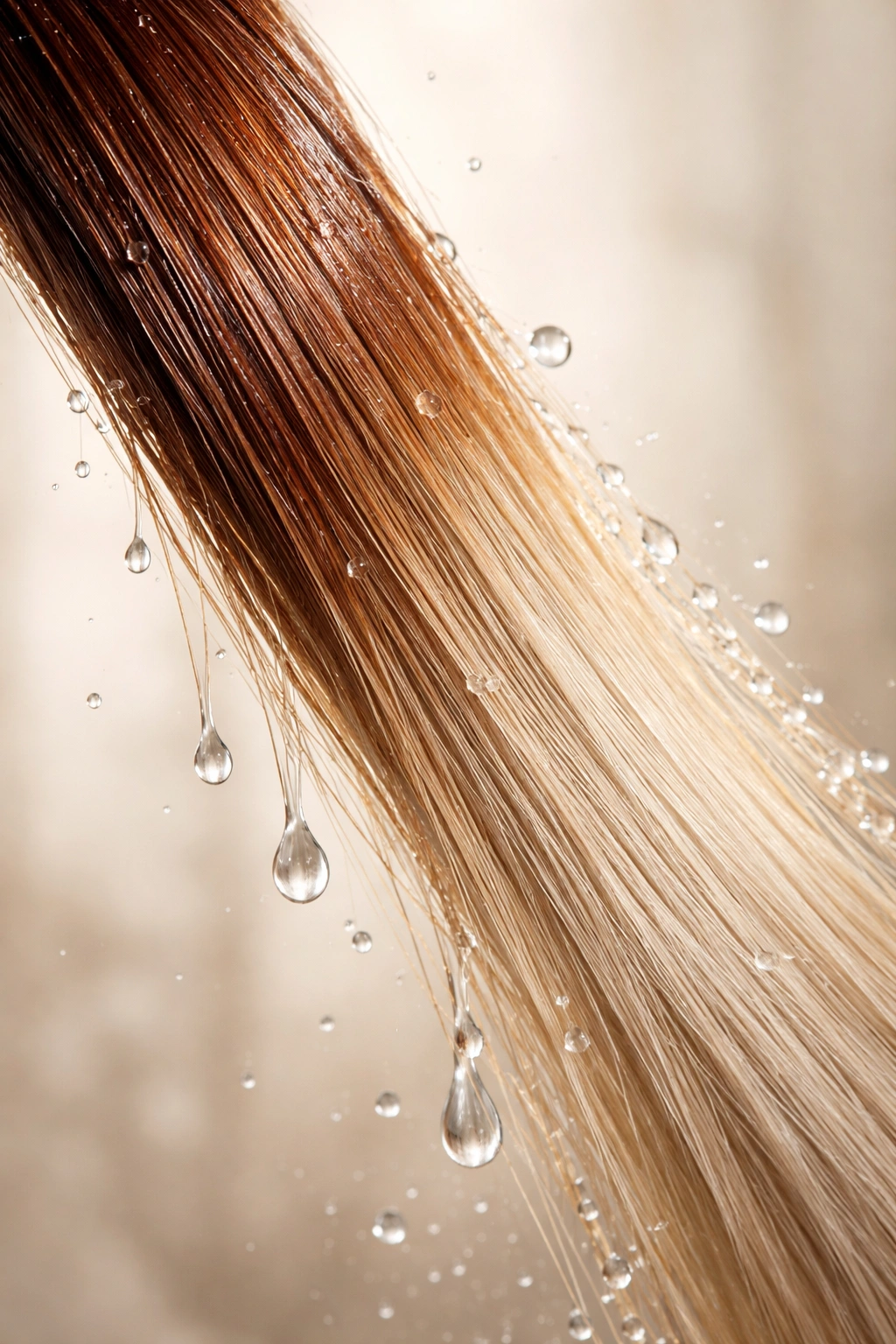 Hair strand showing color fade along its length, suggesting wash wear for demi-permanent color