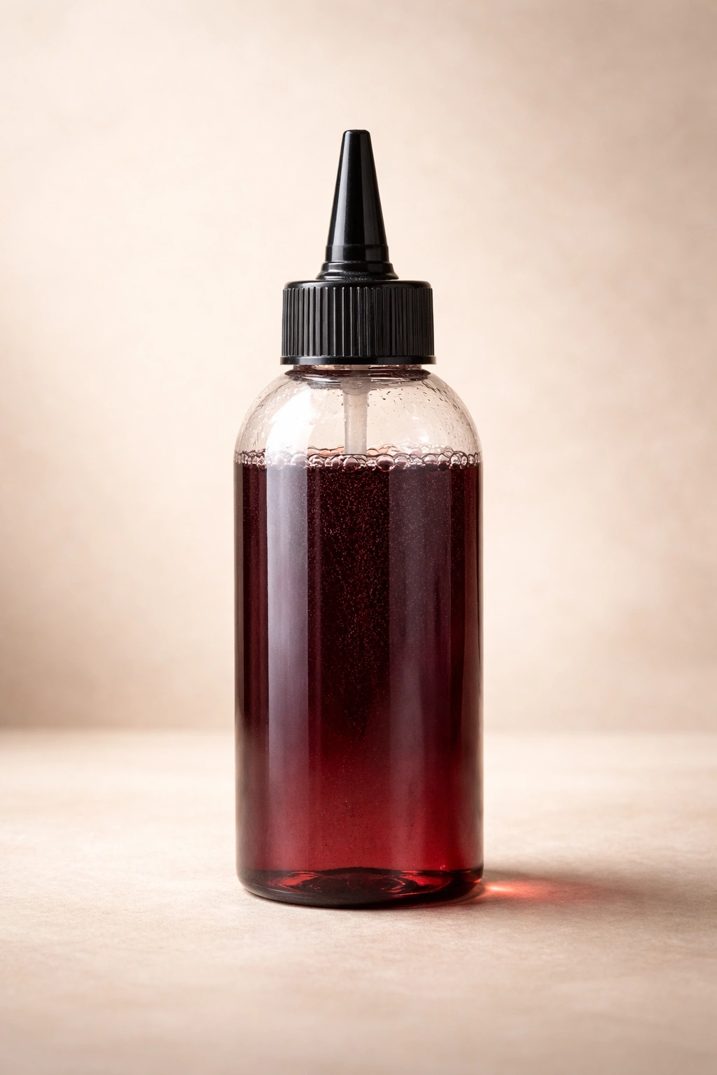 Demi-permanent dye bottle with tinted liquid