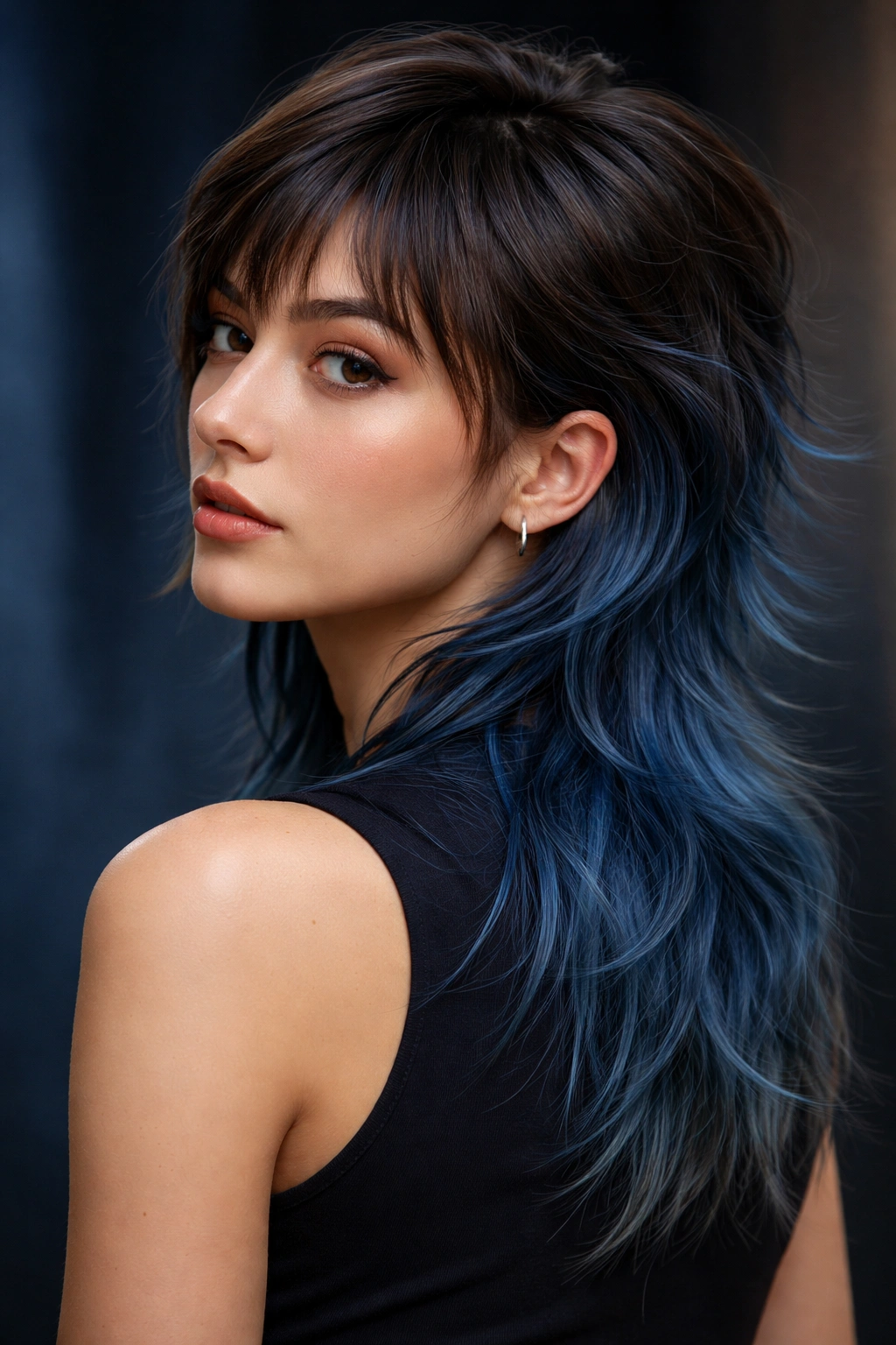 Denim-blue back mullet with dark base and color depth