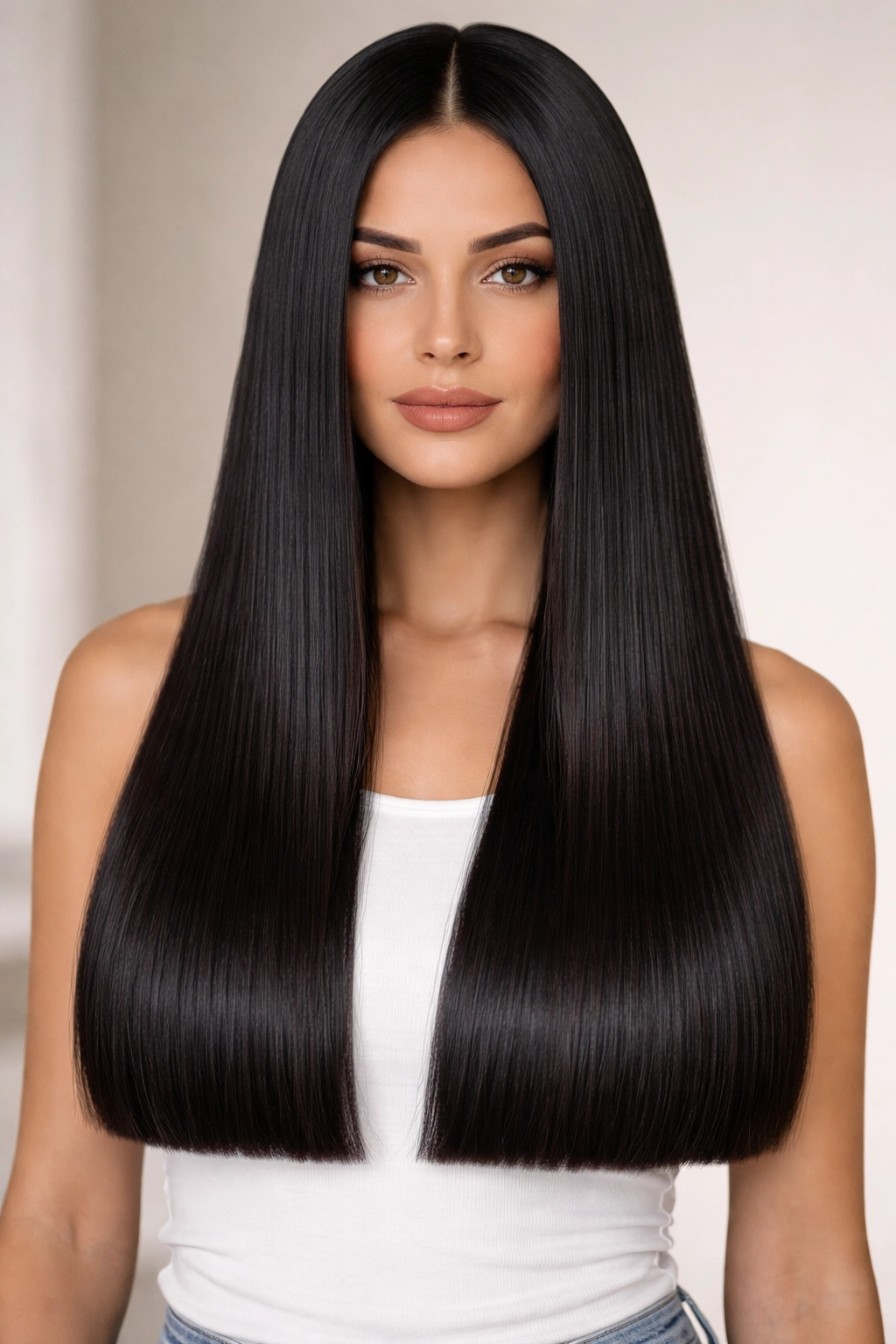 Dense straight hair with blunt ends and bold silhouette