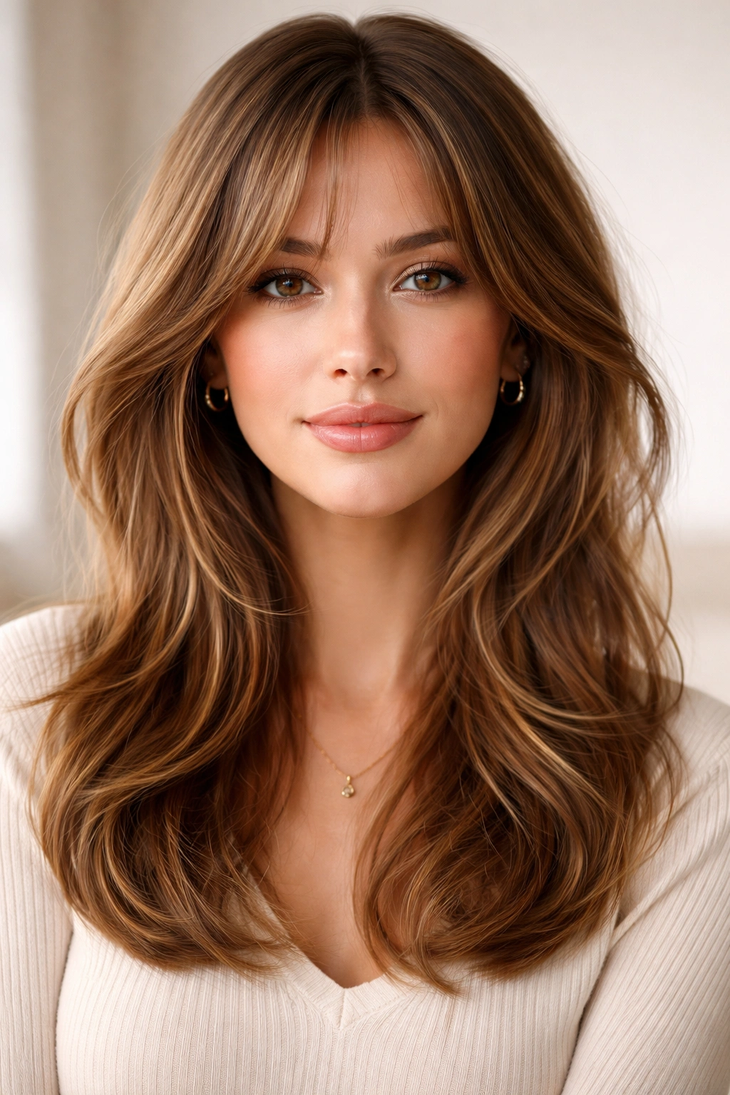 Front-facing portrait showing density and face shape with a soft hairstyle