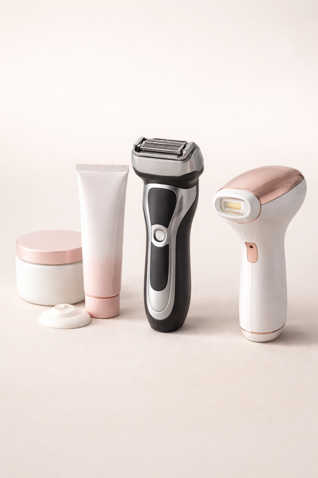 Set of hair removal tools including depilatory cream container, electric razor, and laser device on neutral background