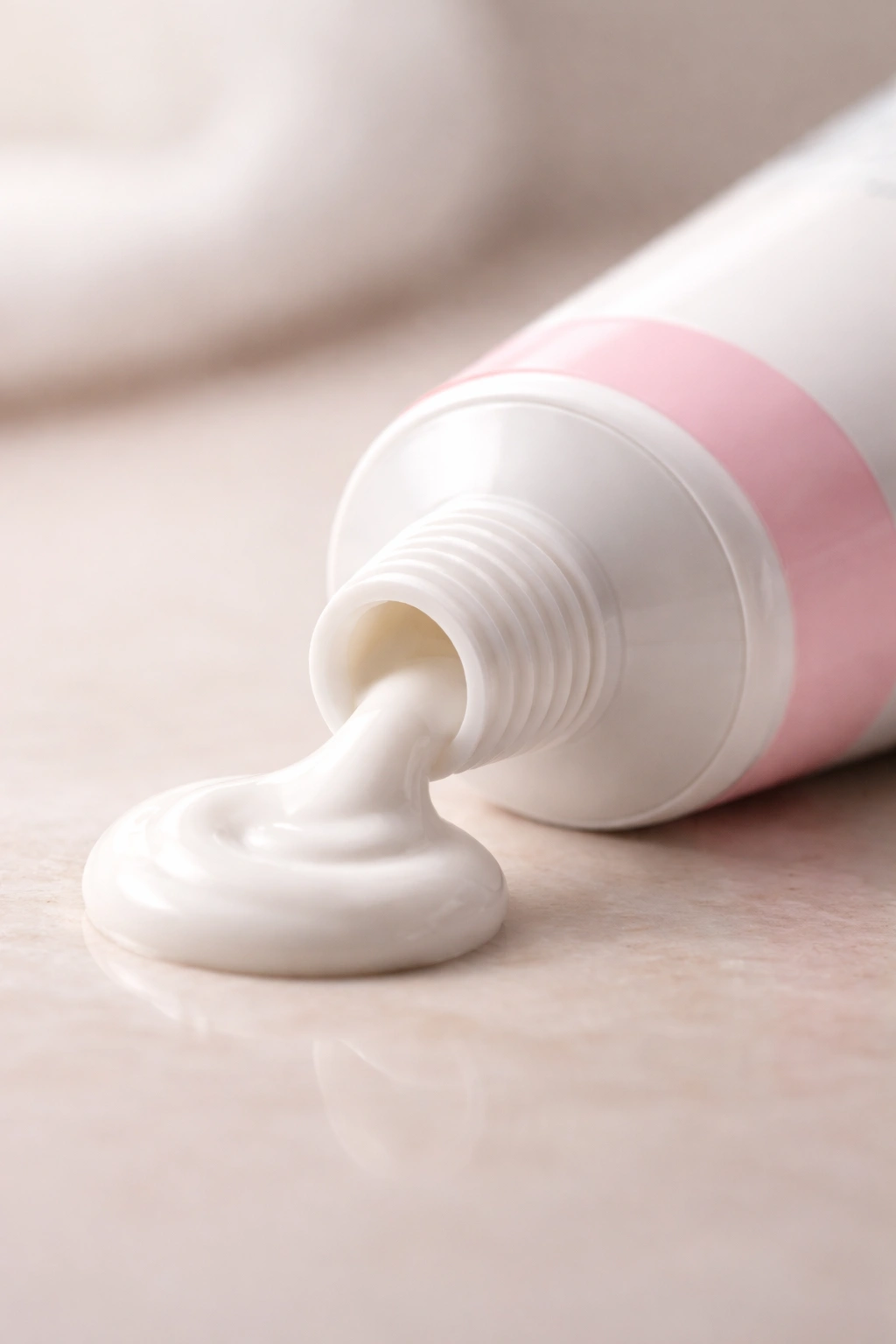 Close-up of depilatory cream tube with a dab of cream on a neutral surface