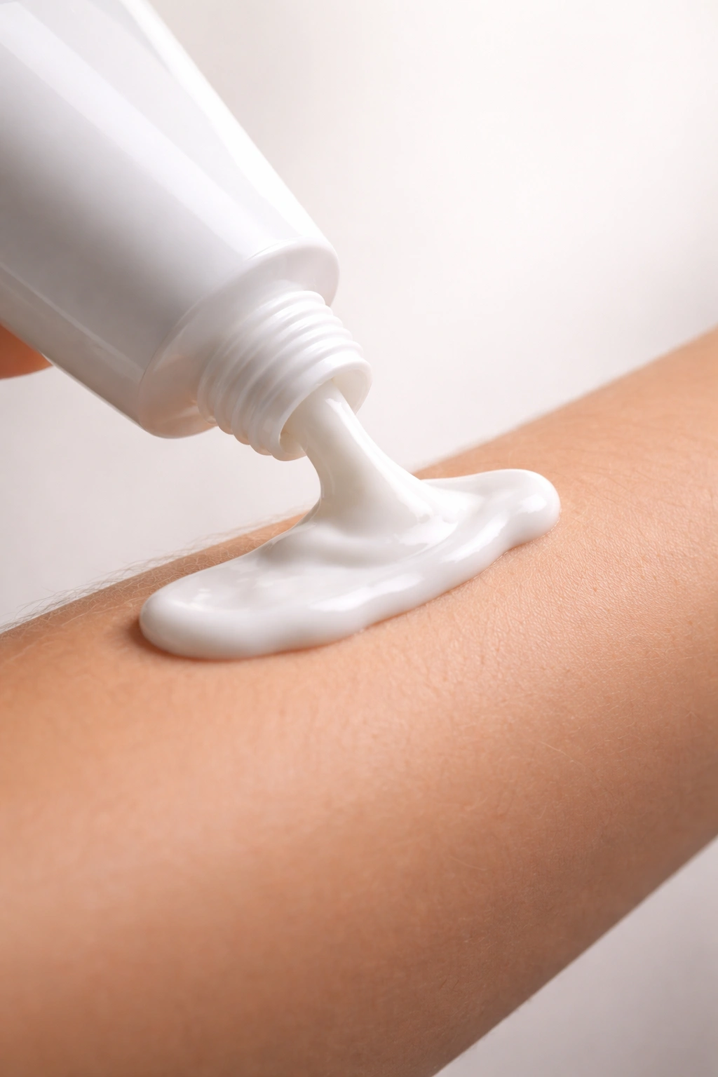 Close-up of a generic unlabeled depilatory cream applied to forearm