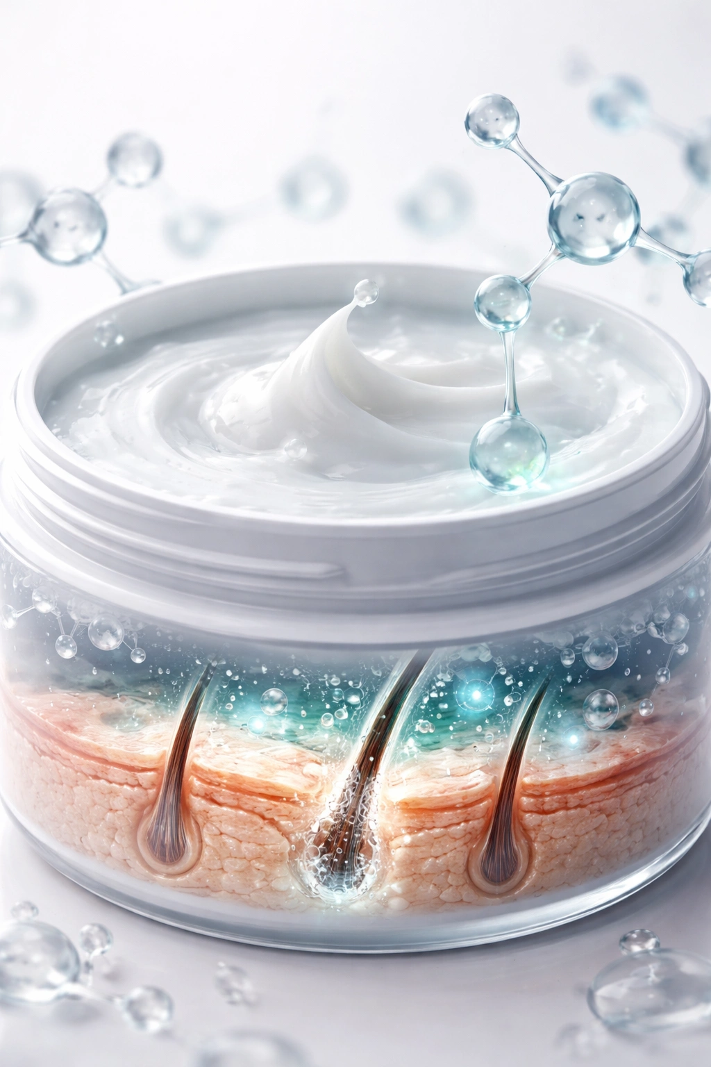 Close-up cross-section of a plain cosmetic jar showing cream with abstract molecular structures
