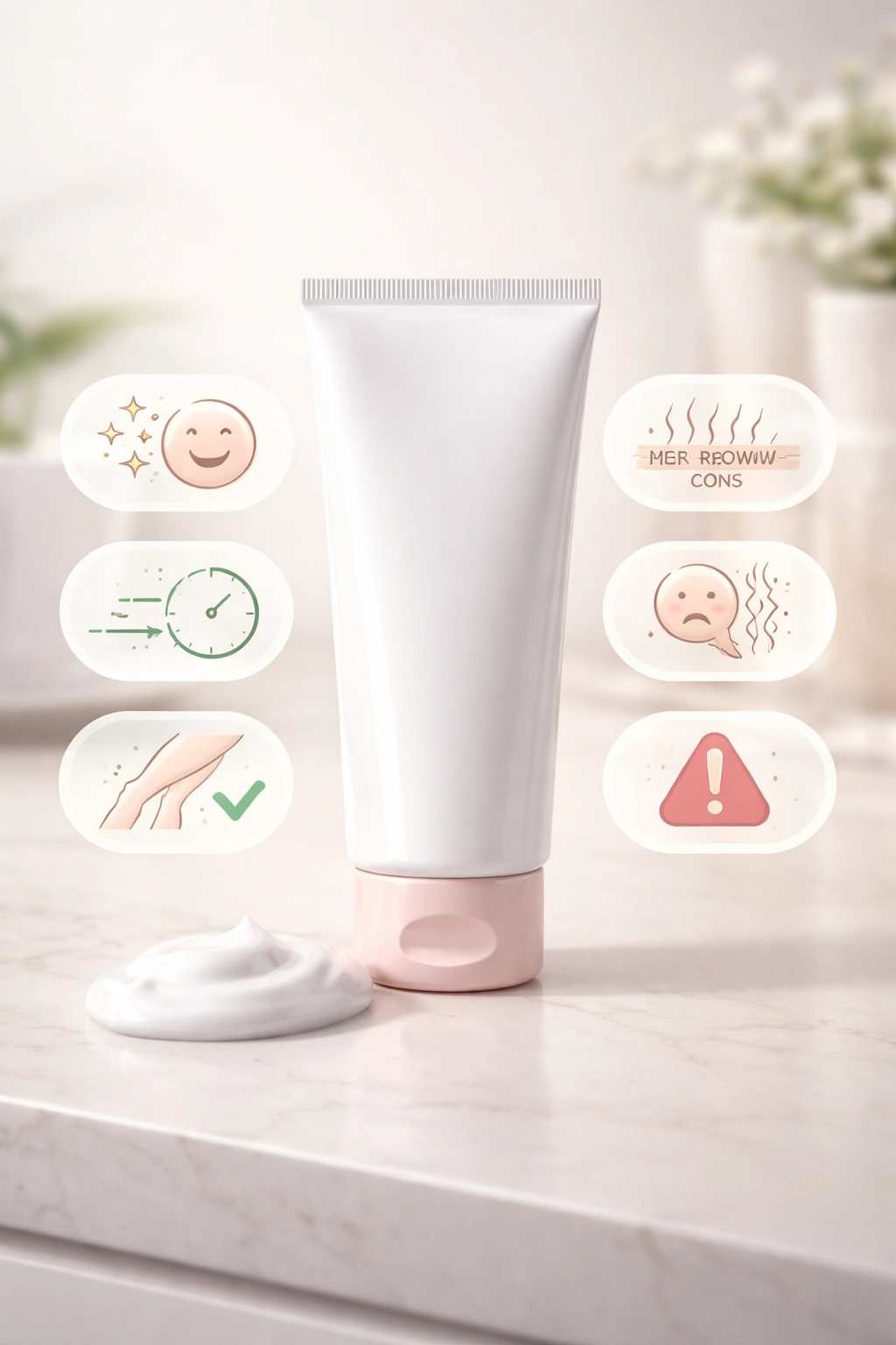 Depilatory cream close-up with abstract pros and cons icons