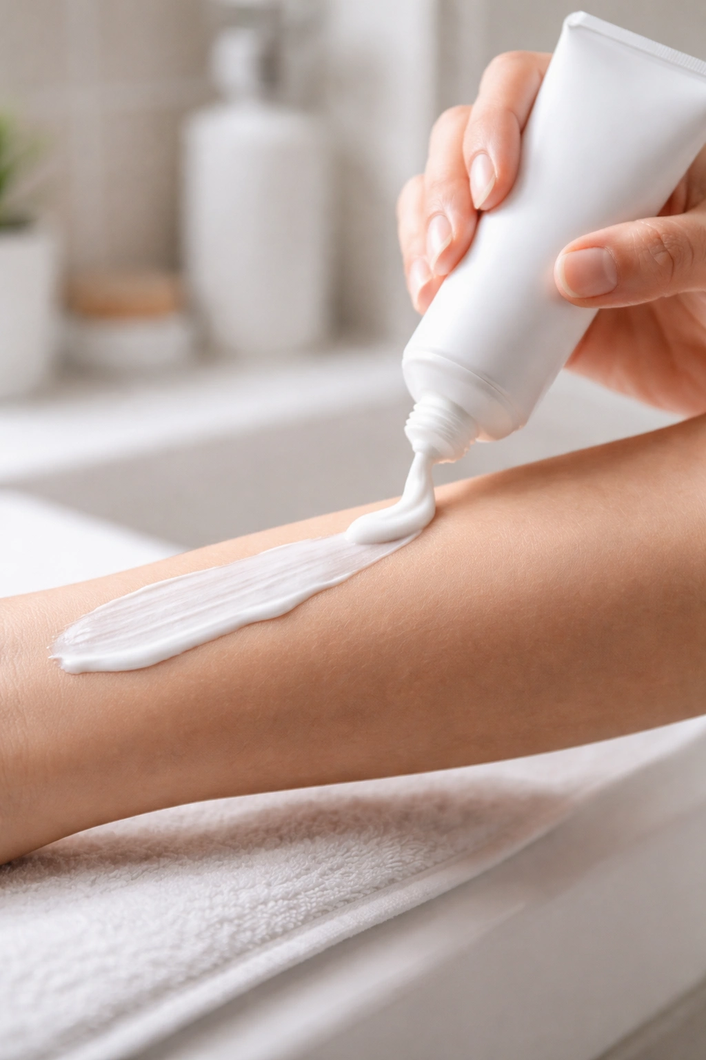Close-up of hand applying depilatory cream to forearm in a bathroom