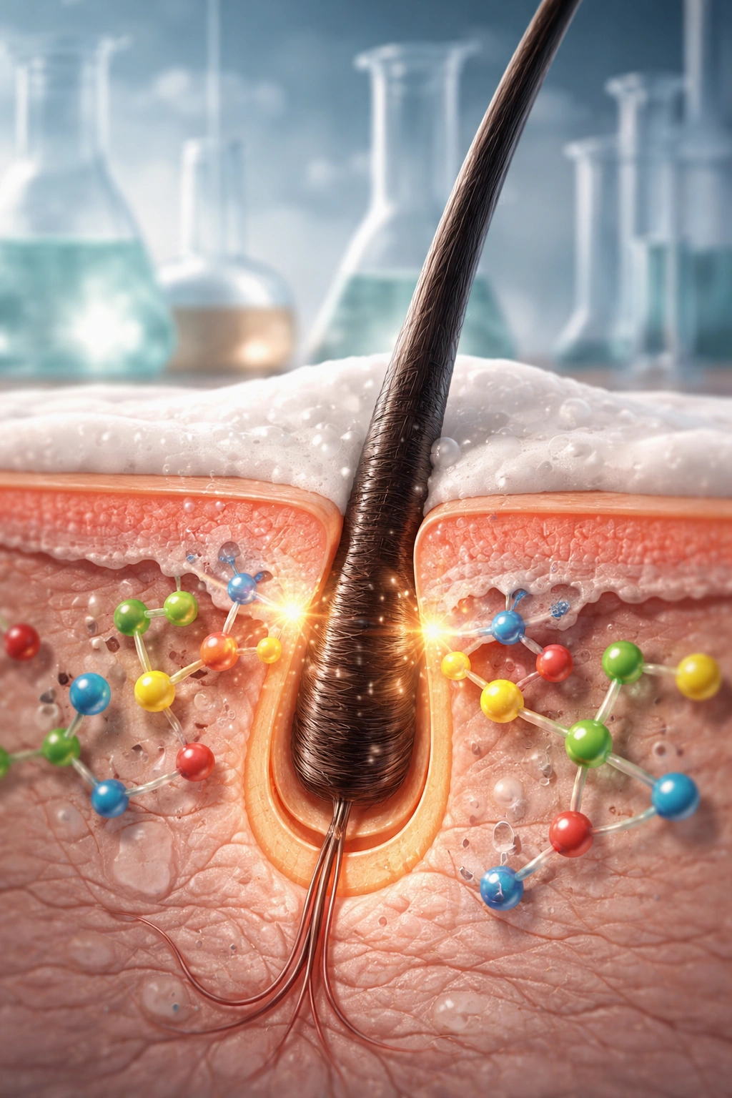 Scientific close-up of hair strand with depilatory chemistry breaking keratin disulfide bonds