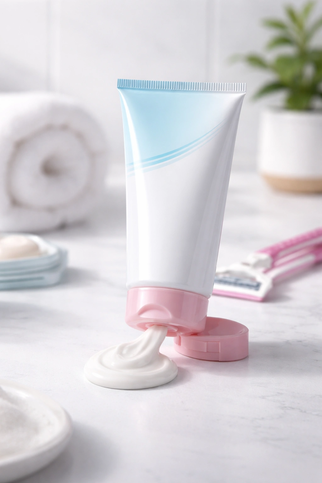 Depilatory cream bottle in a clean setup highlighting safety considerations