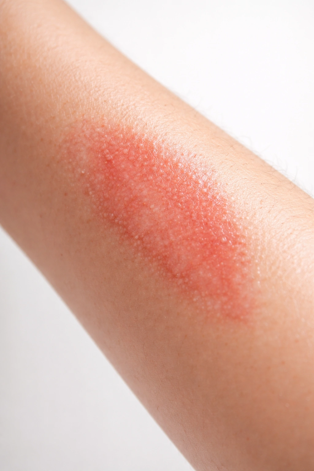 Forearm close-up showing mild redness and irritation from depilatory cream