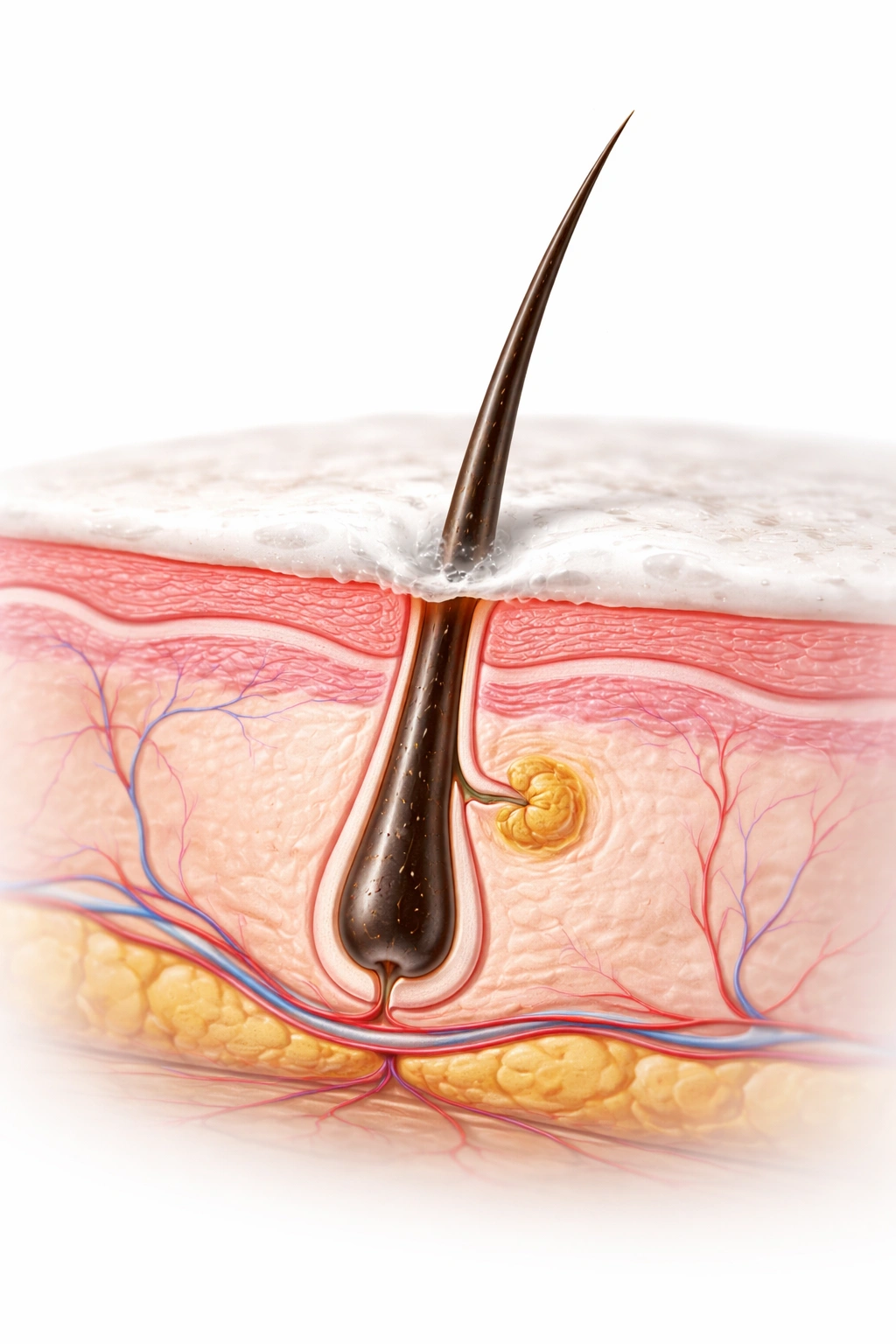 Cross-section of skin showing hair shaft near surface and deeper follicle