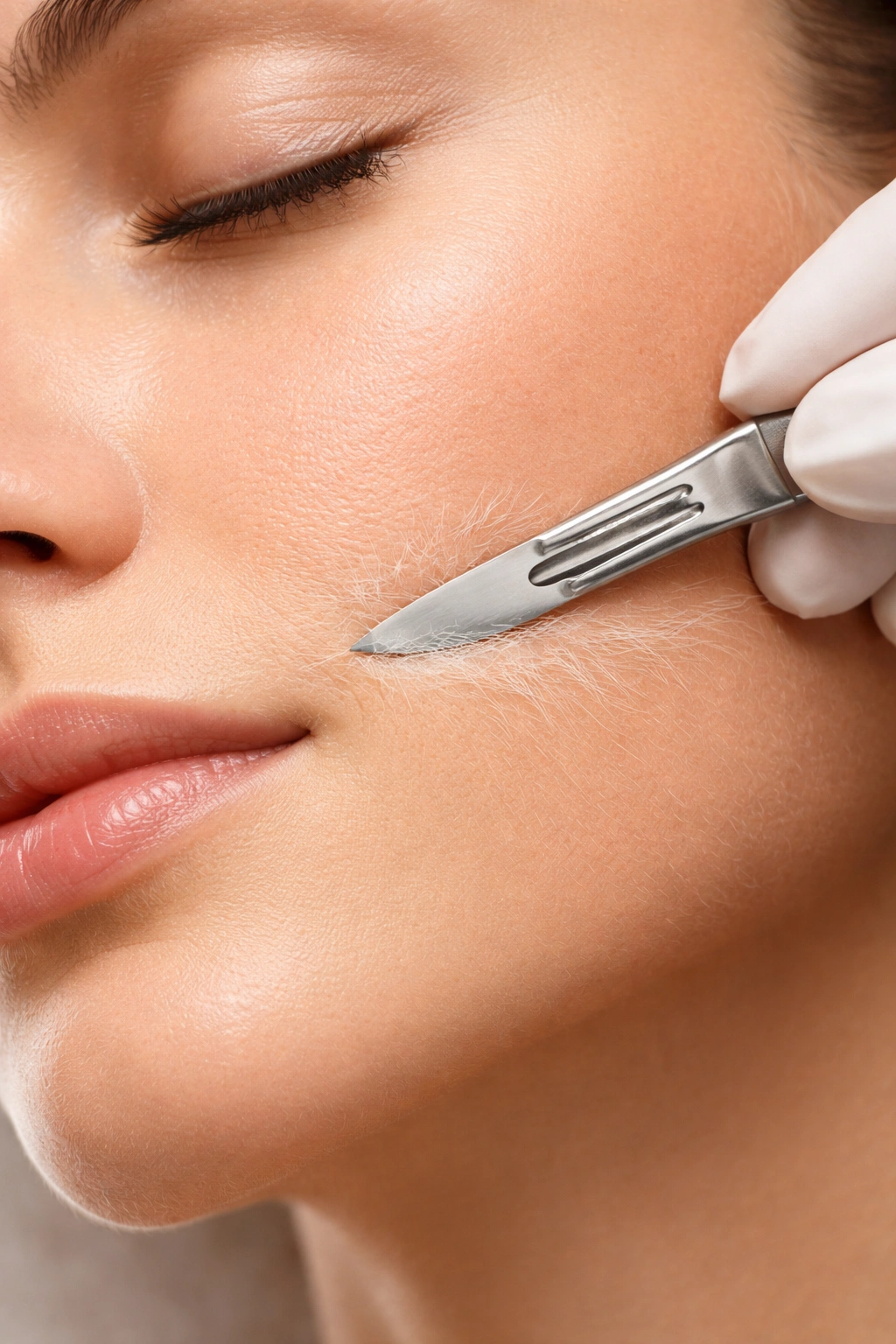 Dermaplaning close-up showing scalpel removing peach fuzz