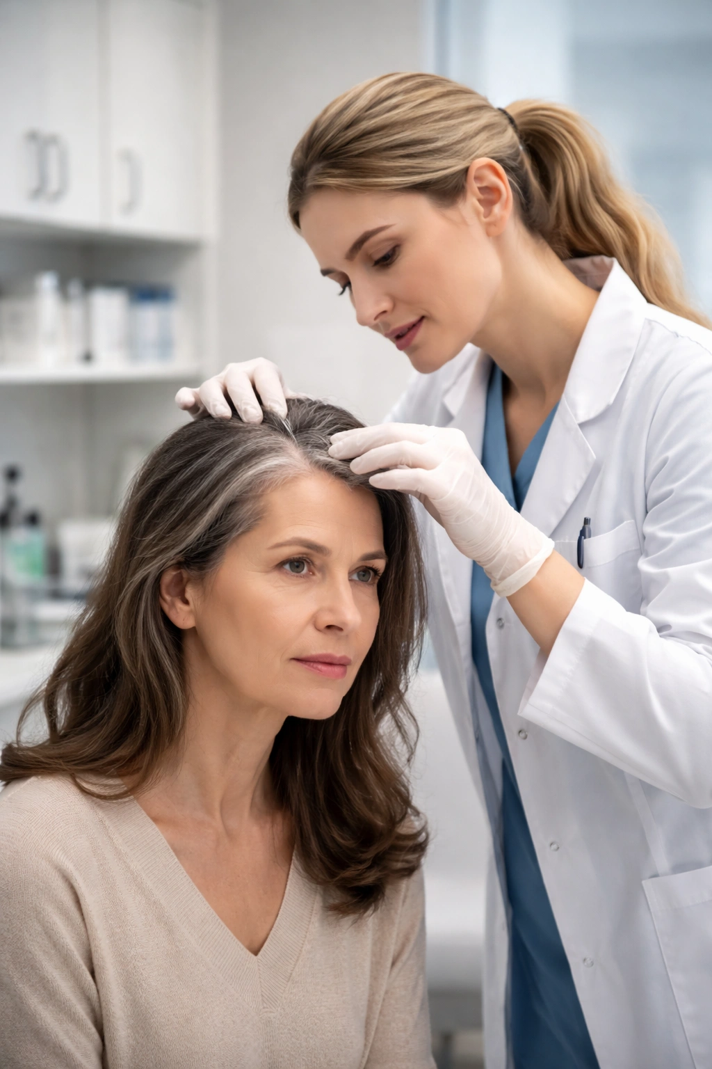 Dermatologist evaluating scalp to assess premature graying