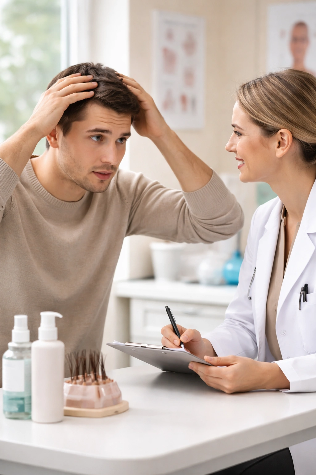 Person consulting a dermatologist about hair health in a clinic