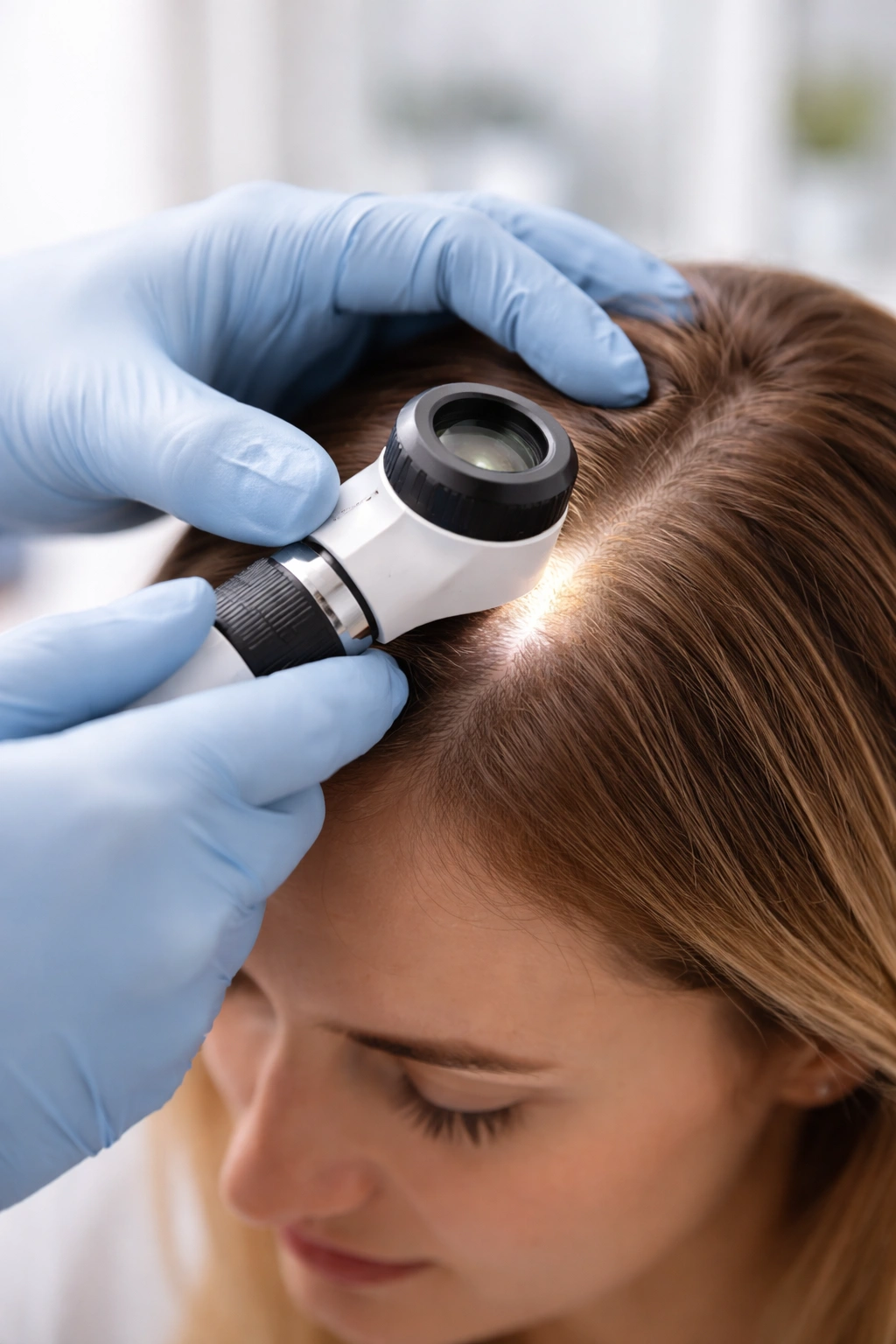 Dermatologist examining scalp with dermatoscope