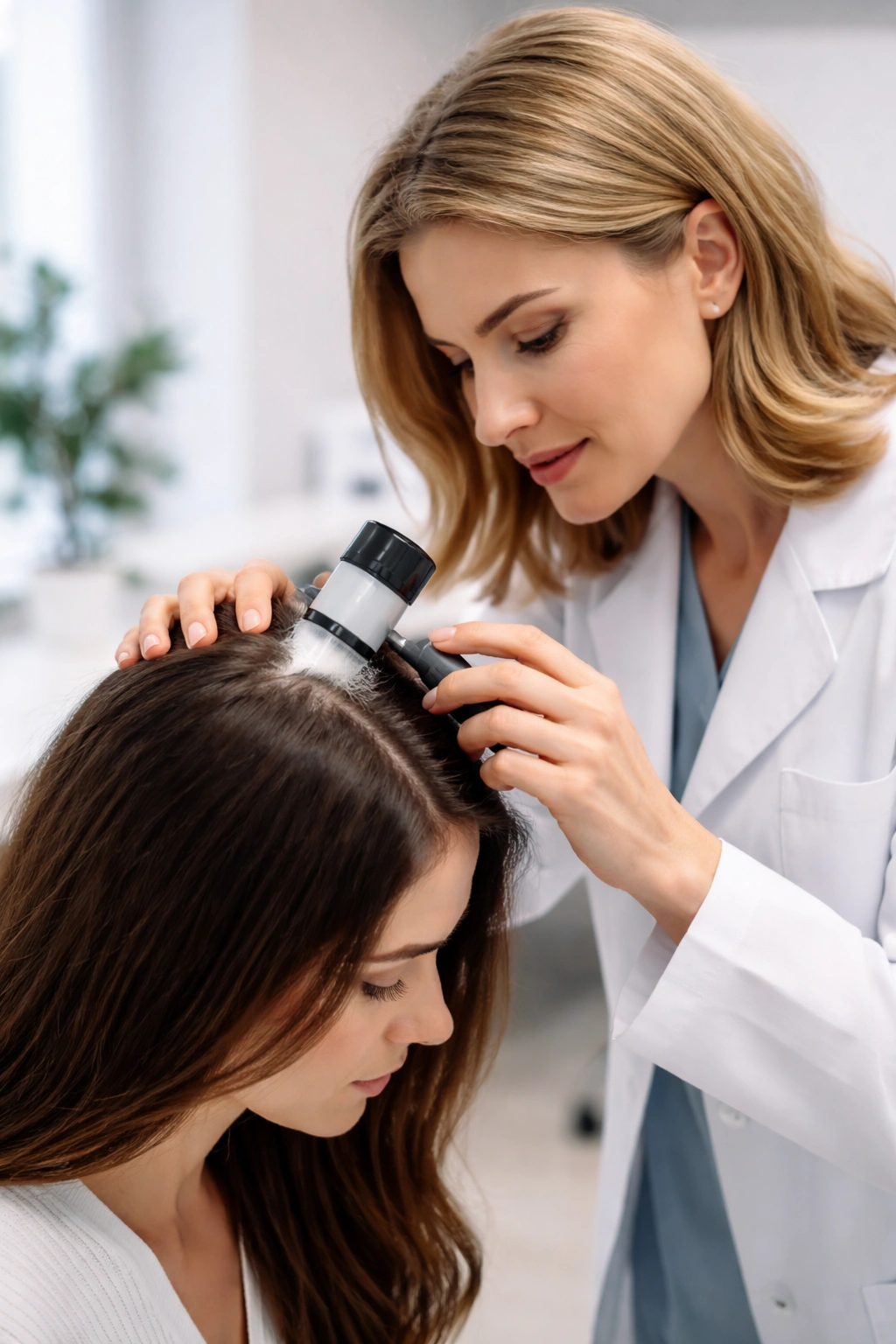 Close-up of dermatologist examining scalp with dermoscope for hair loss diagnosis