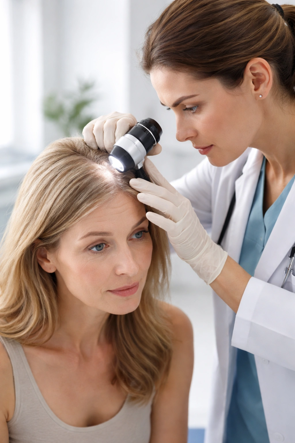 Dermatologist examining scalp with dermatoscope in clinic