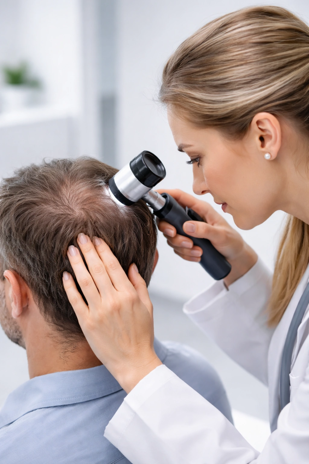 Dermatologist examining scalp with a dermatoscope