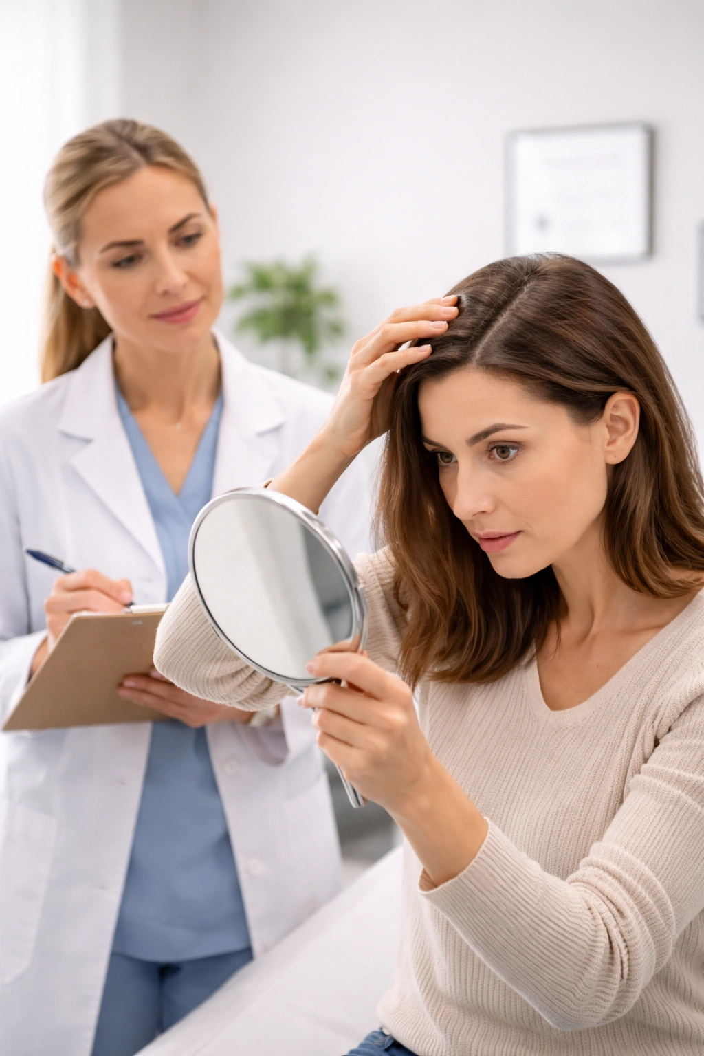 Patient consults dermatologist about scalp issues in a clinical setting