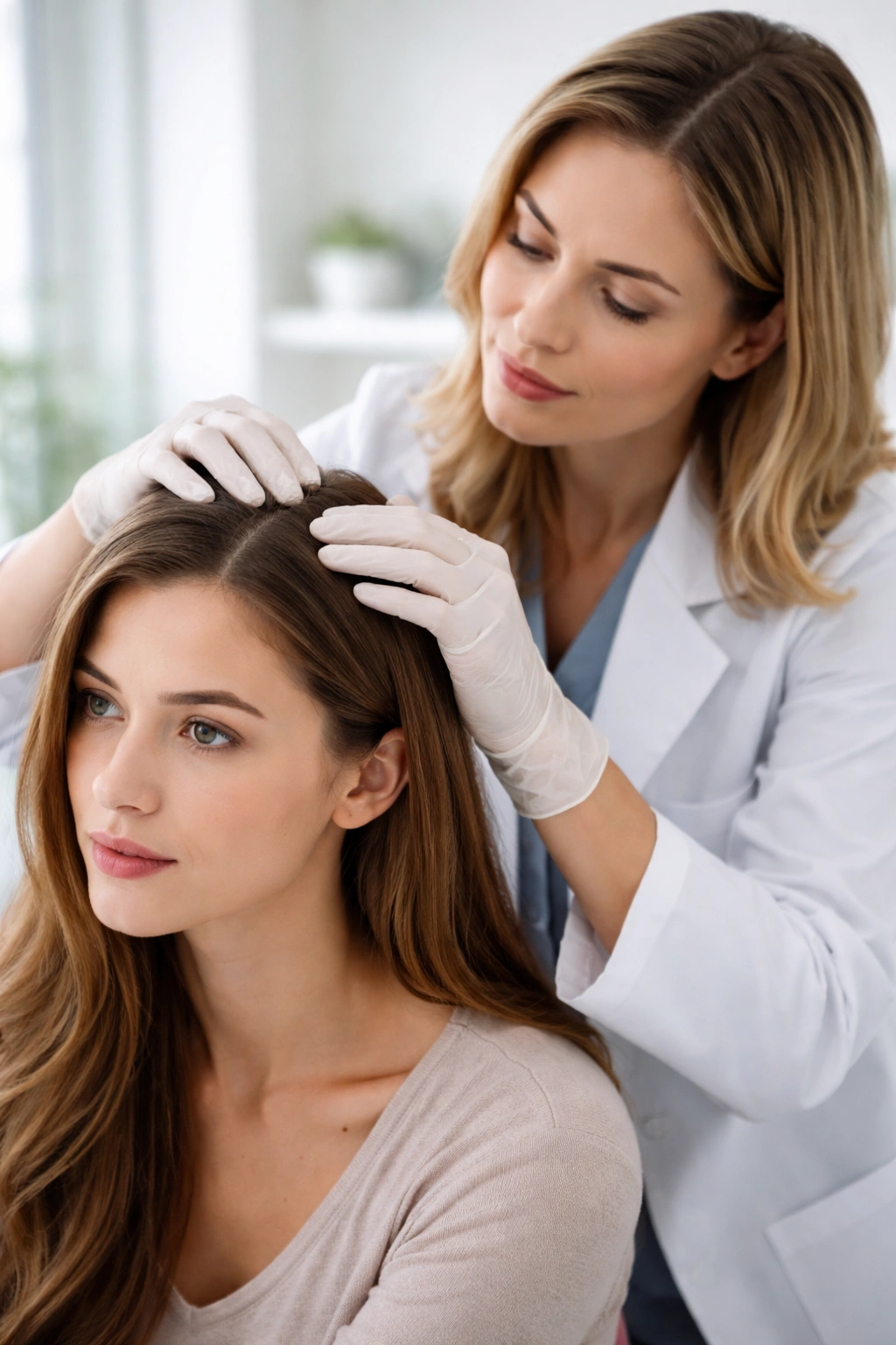 Dermatologist examining scalp during a professional consultation