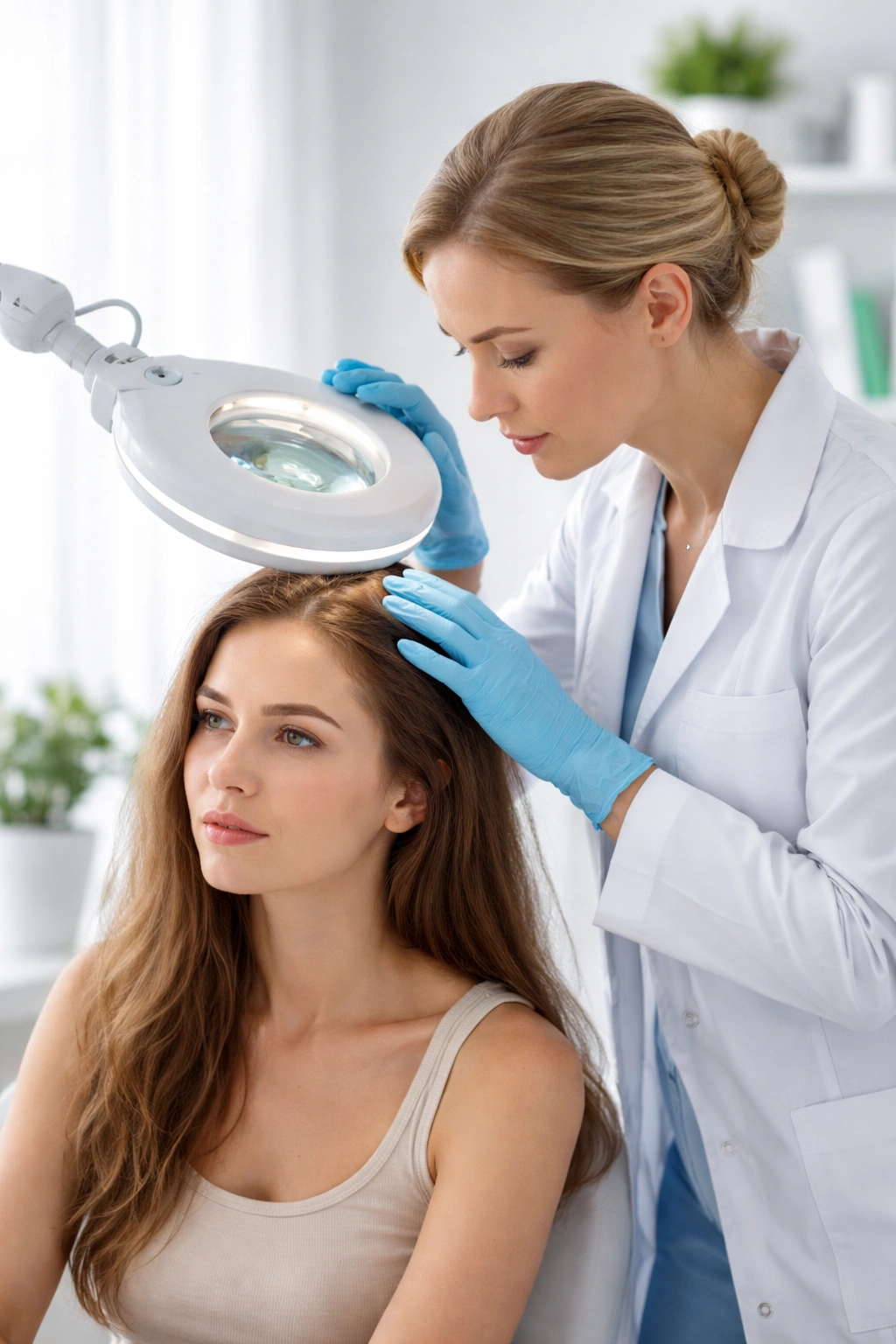 Dermatologist examining scalp in clinic