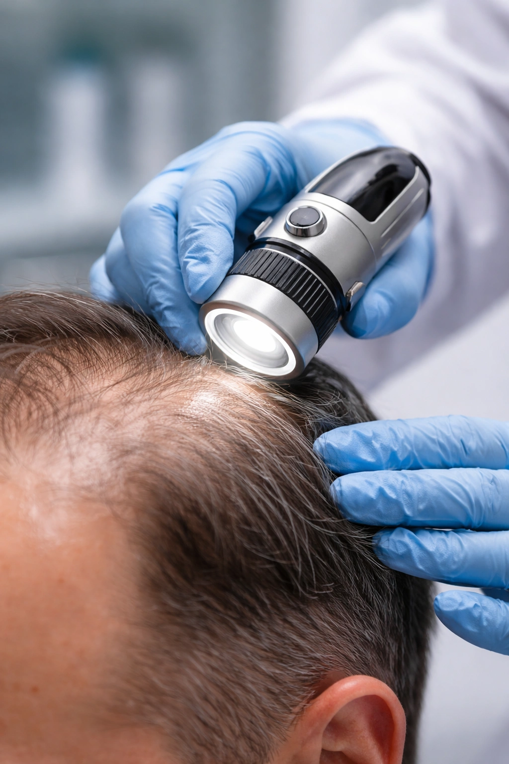 Dermatologist examining scalp with a dermatoscope