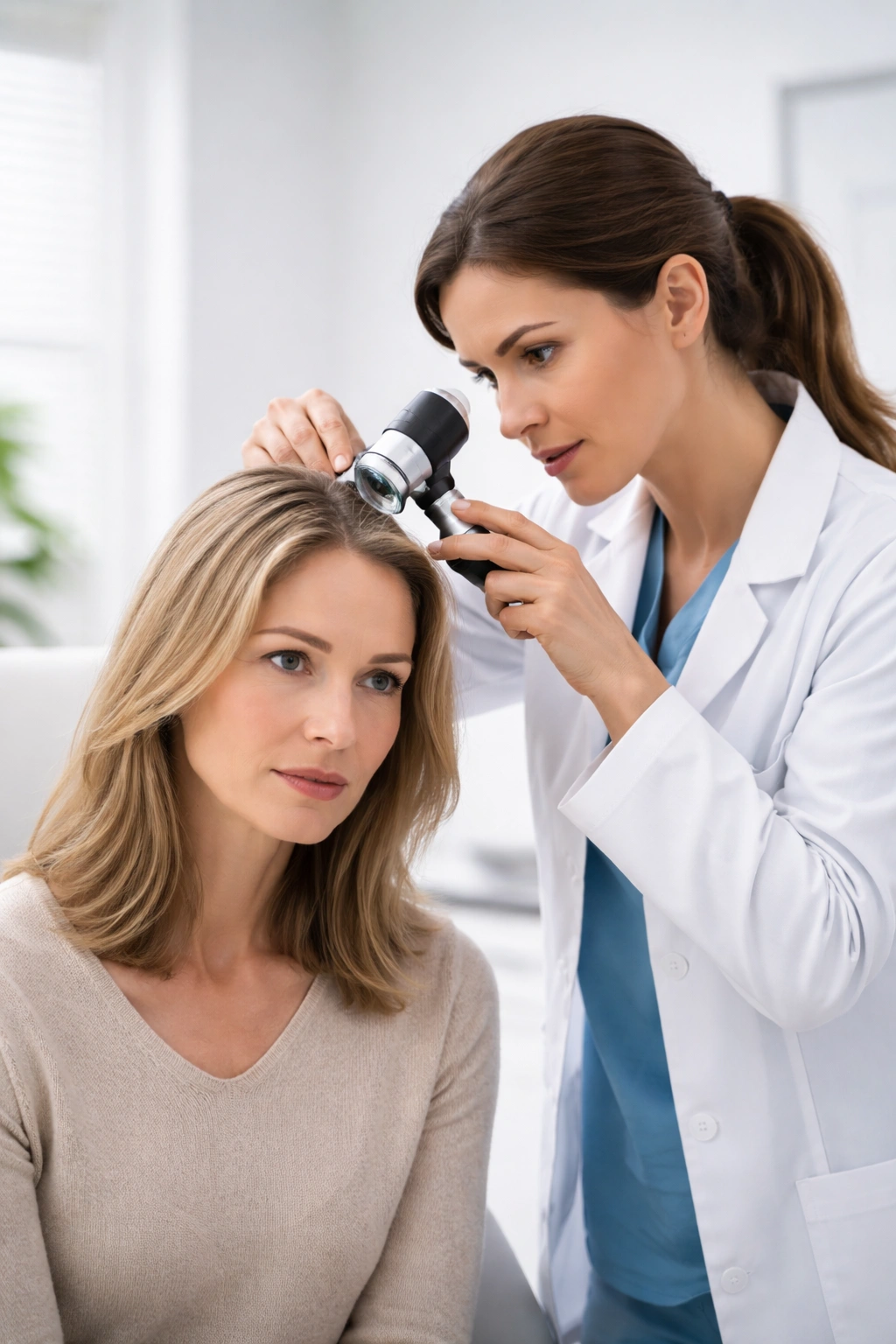 Dermatologist inspecting a patient's scalp in a clinic