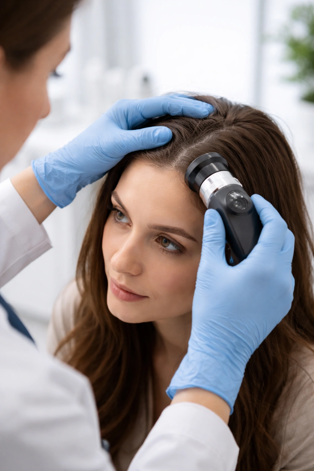 Dermatologist examining scalp with dermatoscope