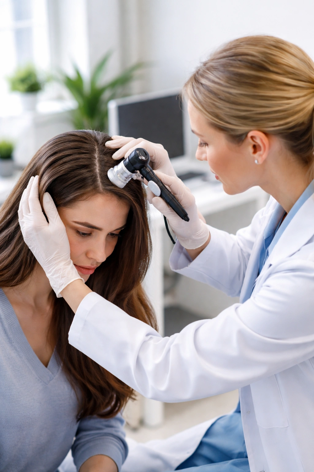 Dermatologist examining scalp with dermoscope in clinic