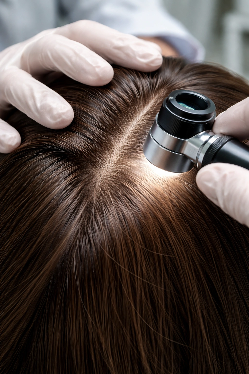 Scalp close-up during a specialist exam with a dermatoscope to assess hair loss related to HRT