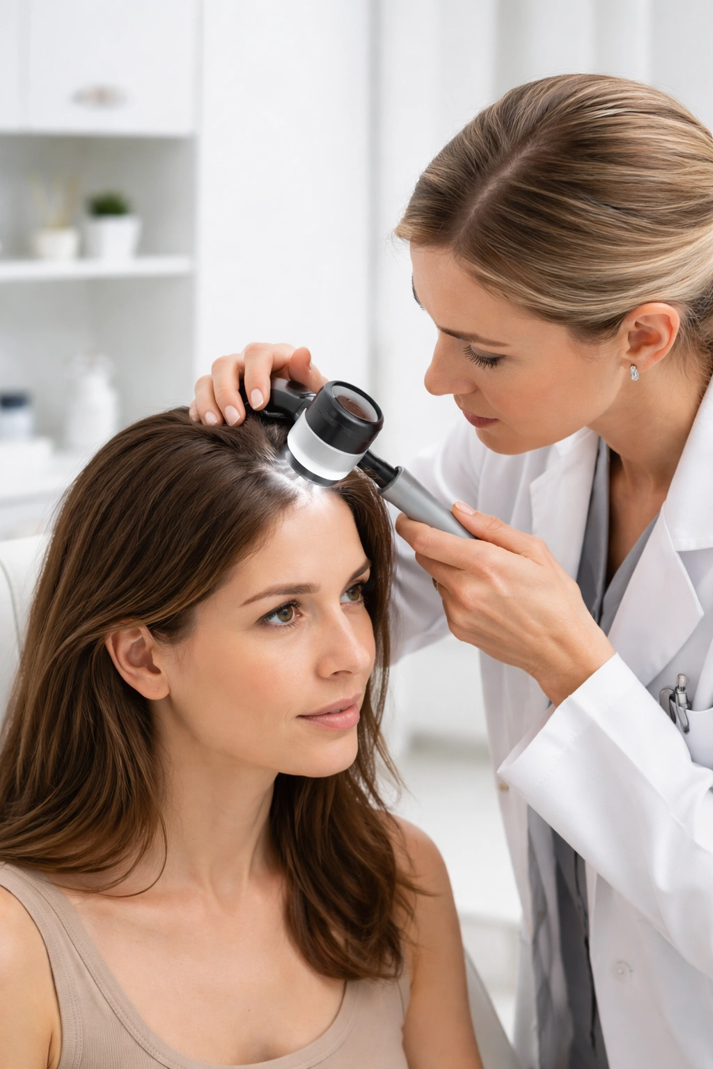 Dermatologist examining scalp with a dermatoscope in a clinic