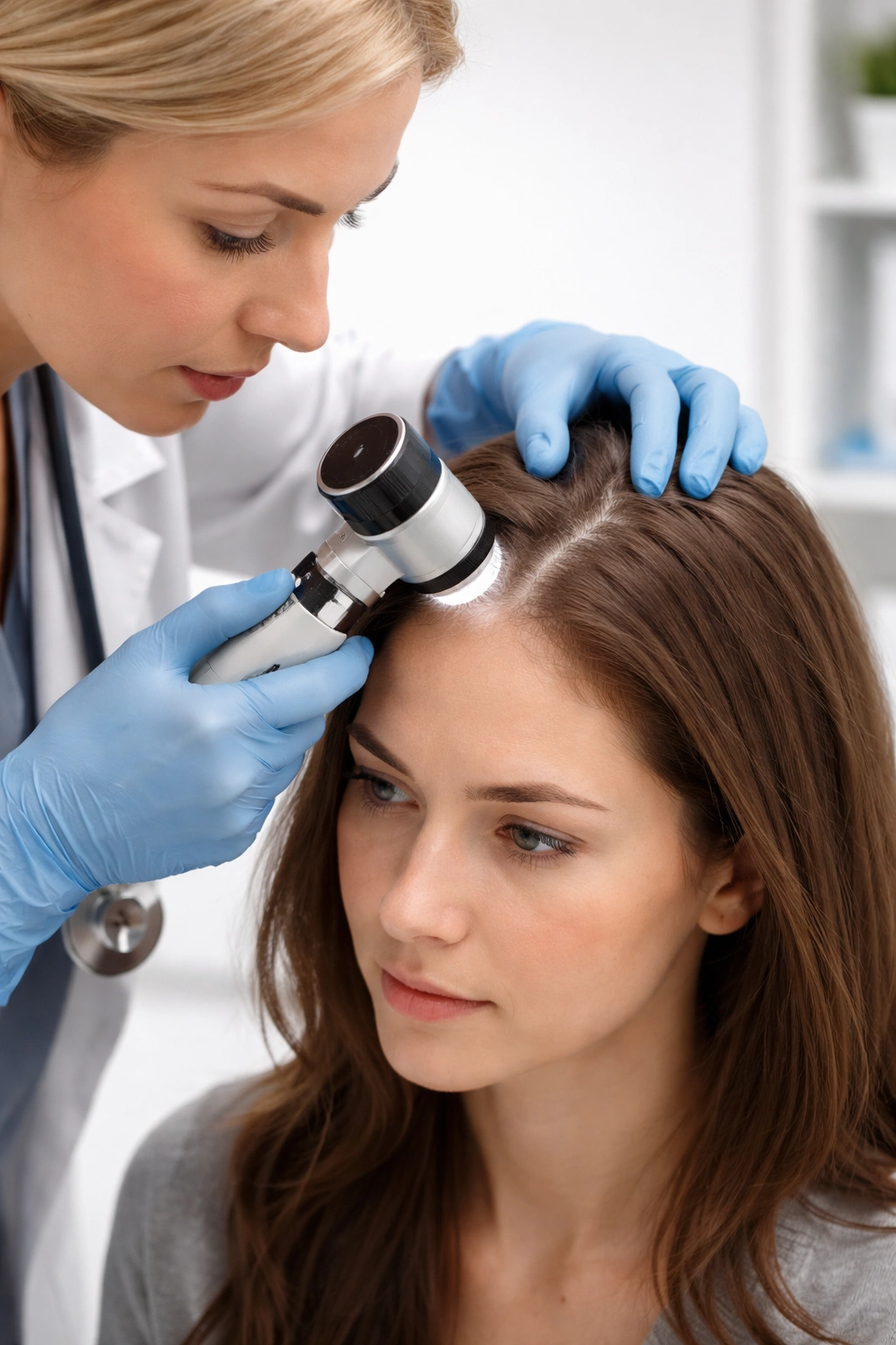 Dermatologist examining scalp with a dermatoscope on hair follicles