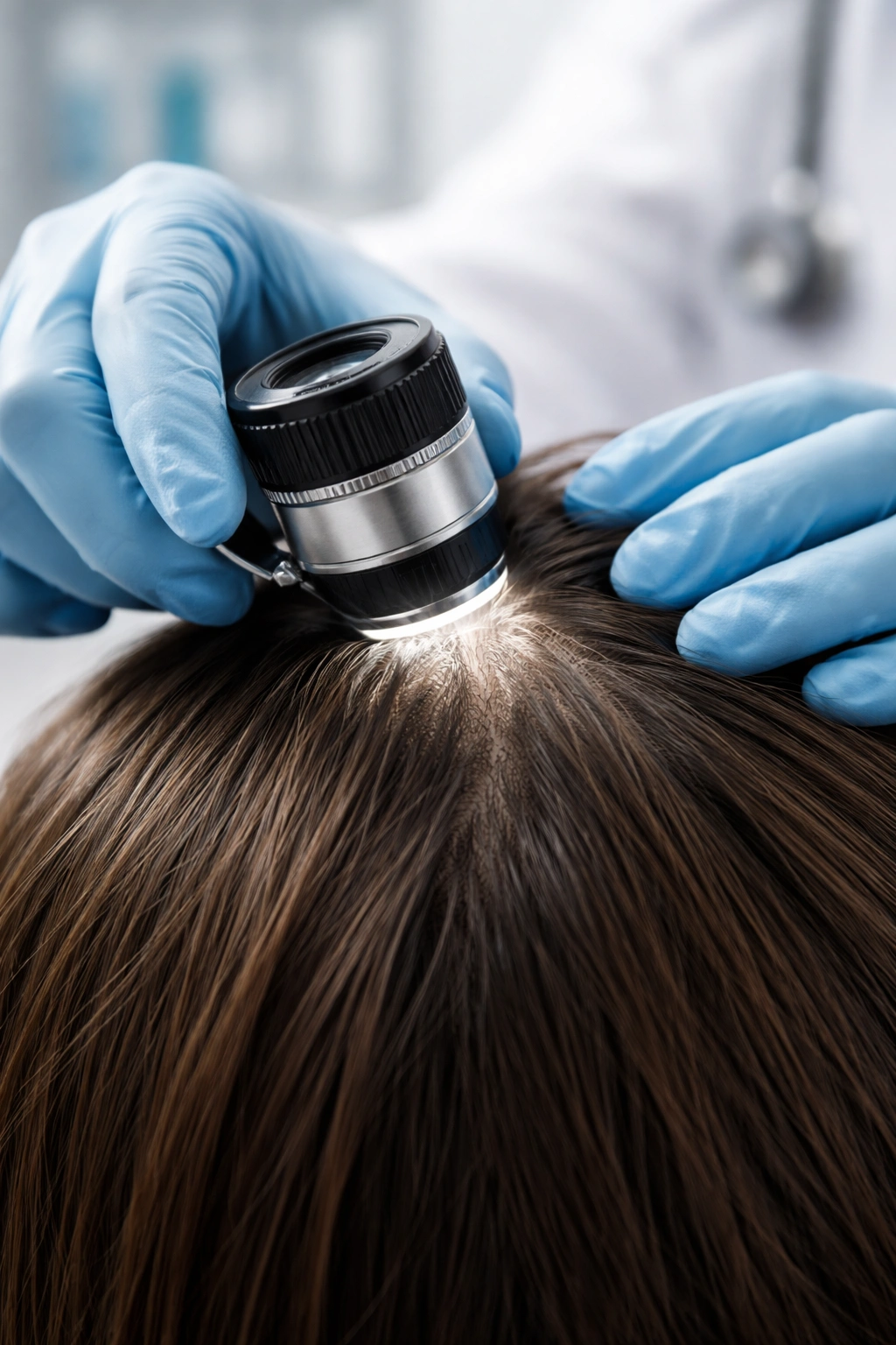 Dermatologist examining scalp with dermatoscope