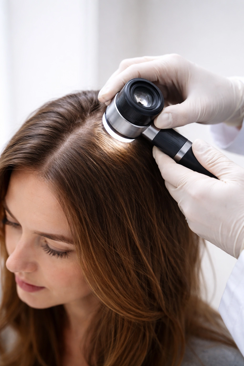 Dermatologist examining scalp with magnifier in a clinical setting