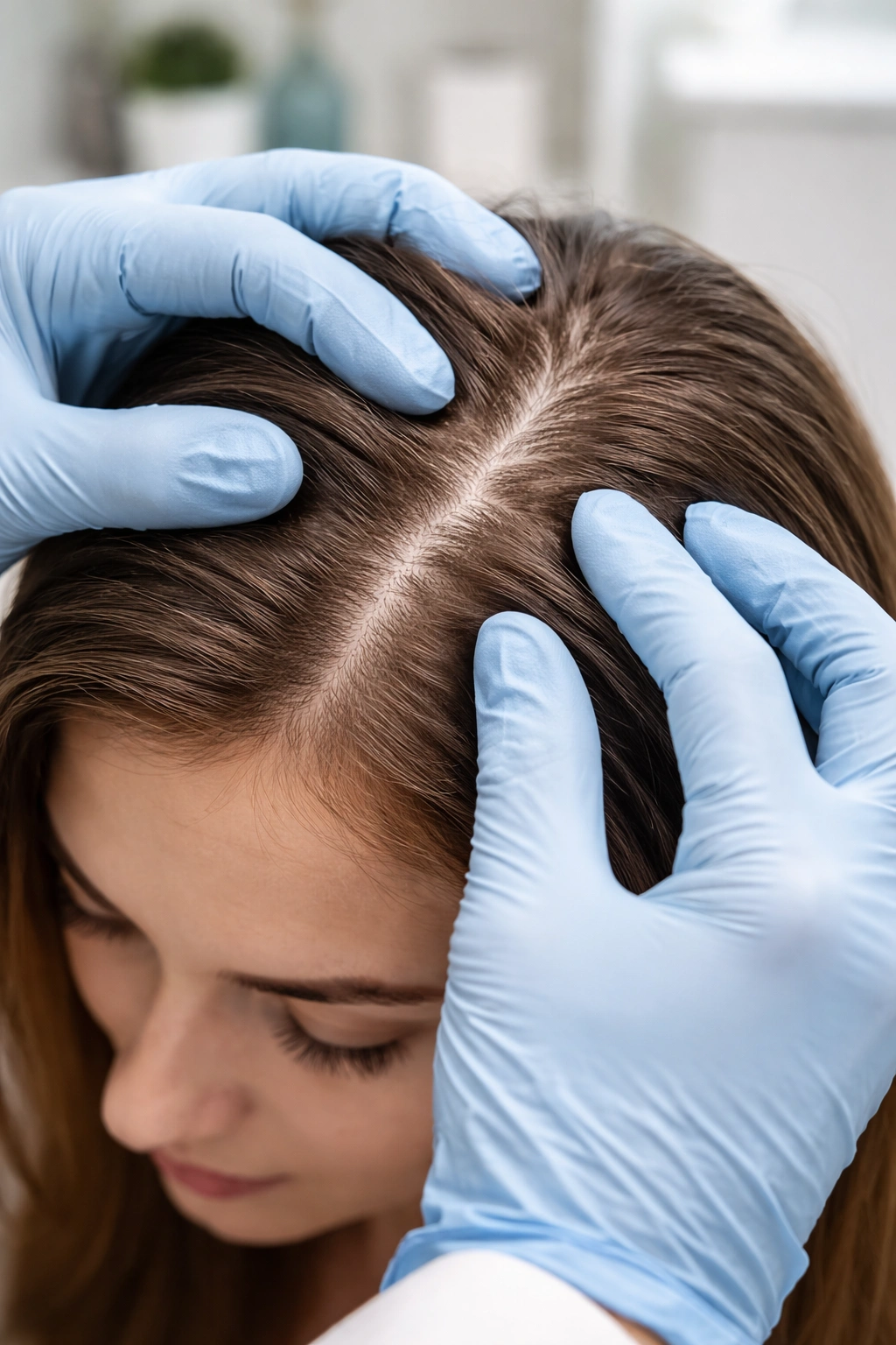 Close-up of dermatologist inspecting scalp for shedding patterns.