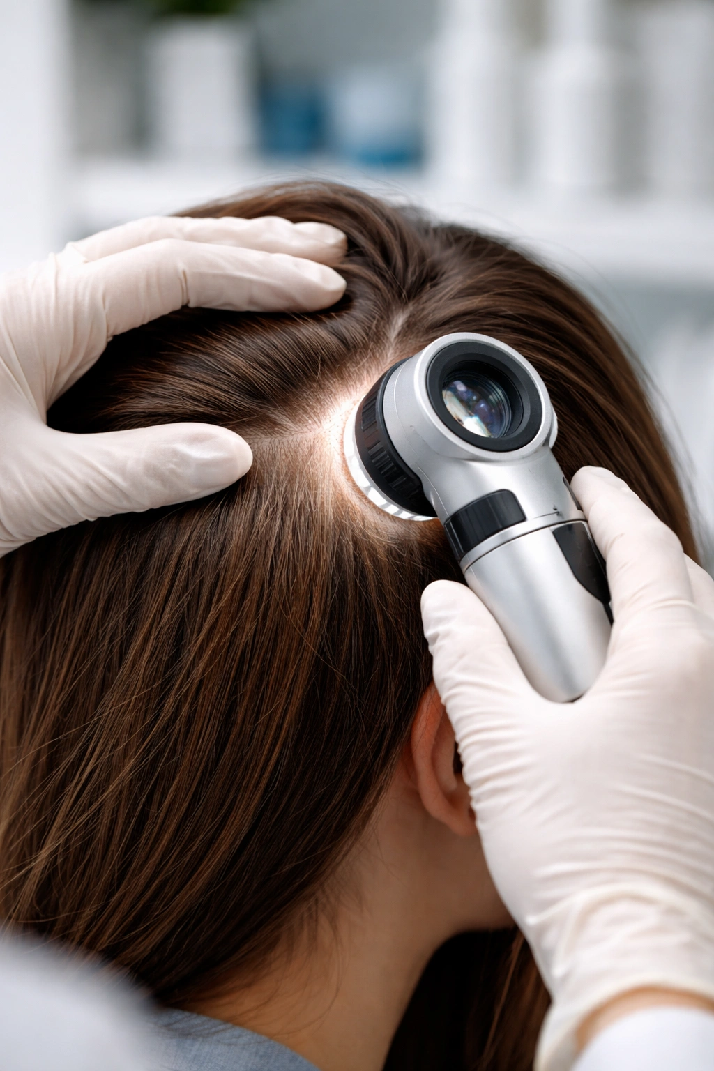Dermatologist examining scalp with dermatoscope to assess hair breakage
