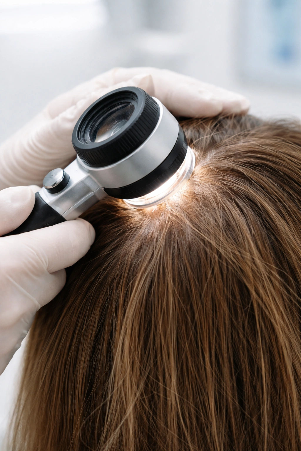 Scalp examined with magnification revealing hair follicles