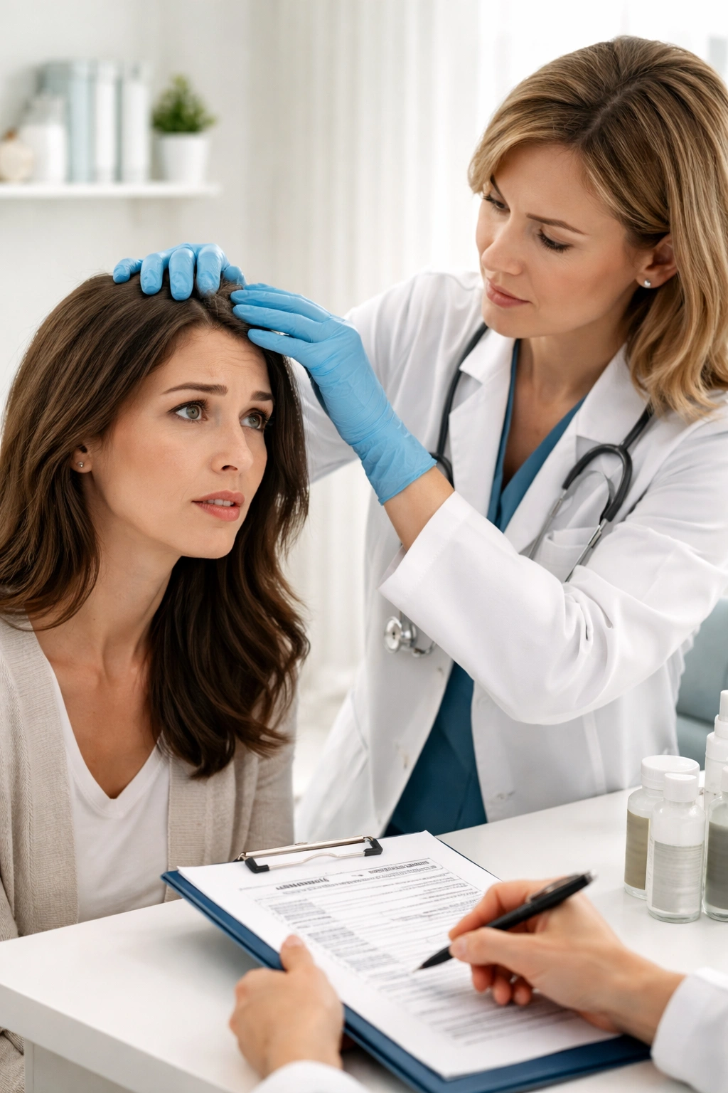 Dermatologist and patient during hair loss appointment