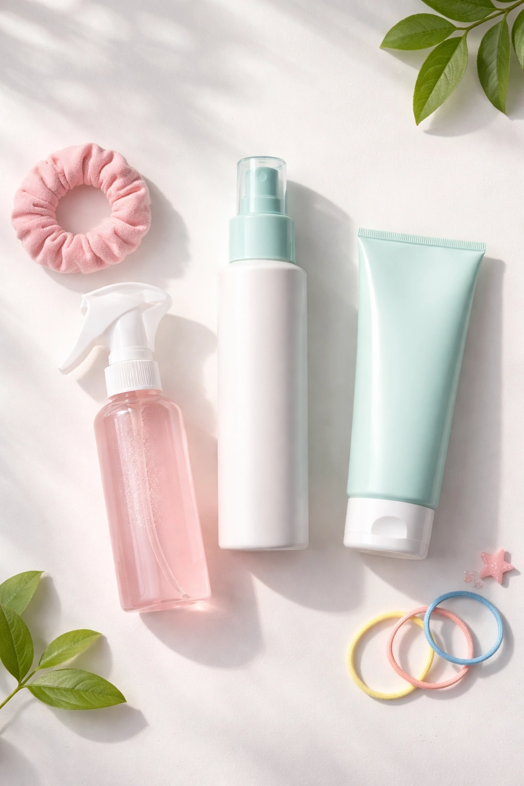 Three generic bottles on a white surface representing kids' hair care products
