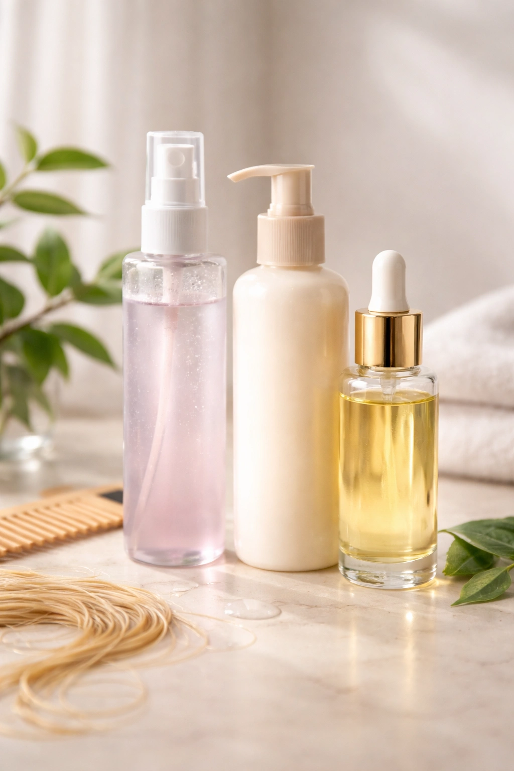 Detangling sprays, leave-in conditioner, and hair oil arranged on a clean surface for wet detangling.