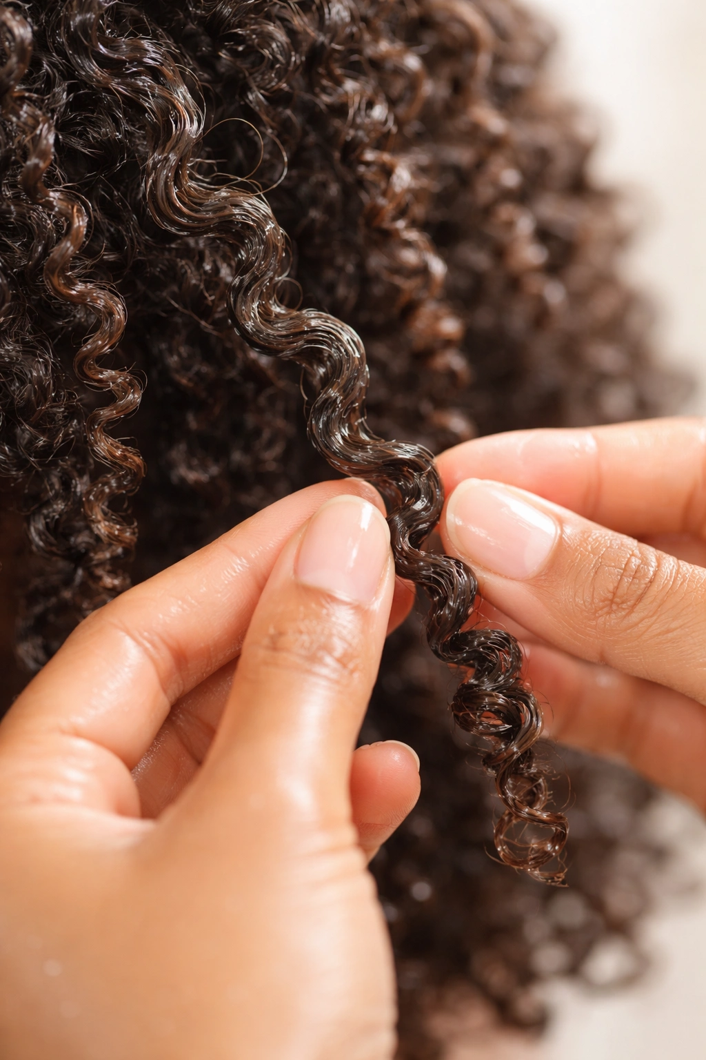 Close-up of a 4A curl being gently detangled with fingers