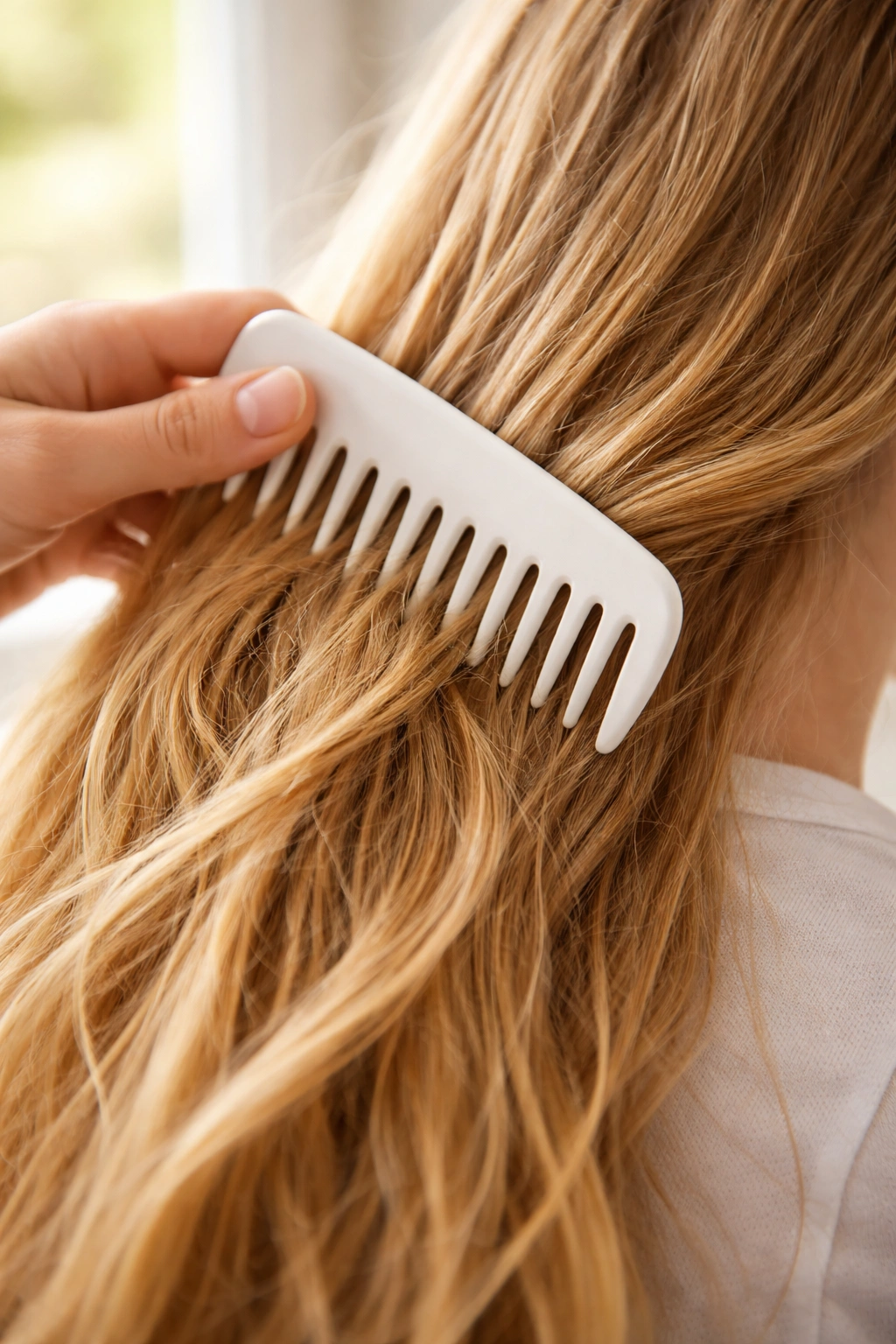 Hair being detangled with a wide-tooth brush to prevent breakage and tangles