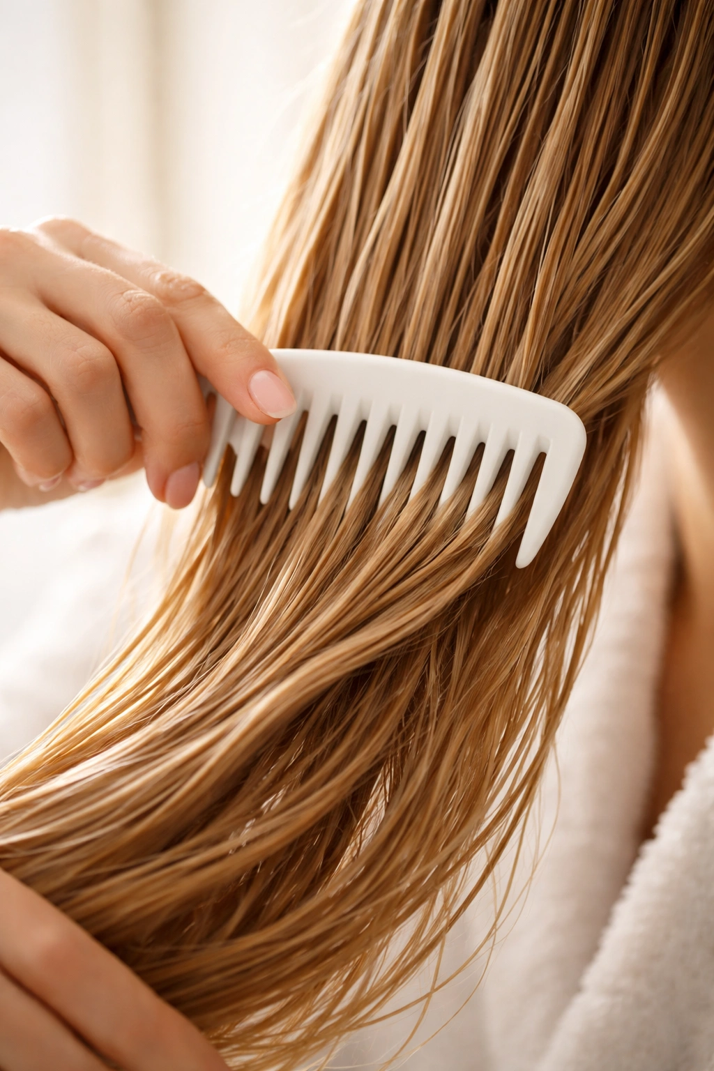 Close-up of a wide-tooth comb detangling damp hair