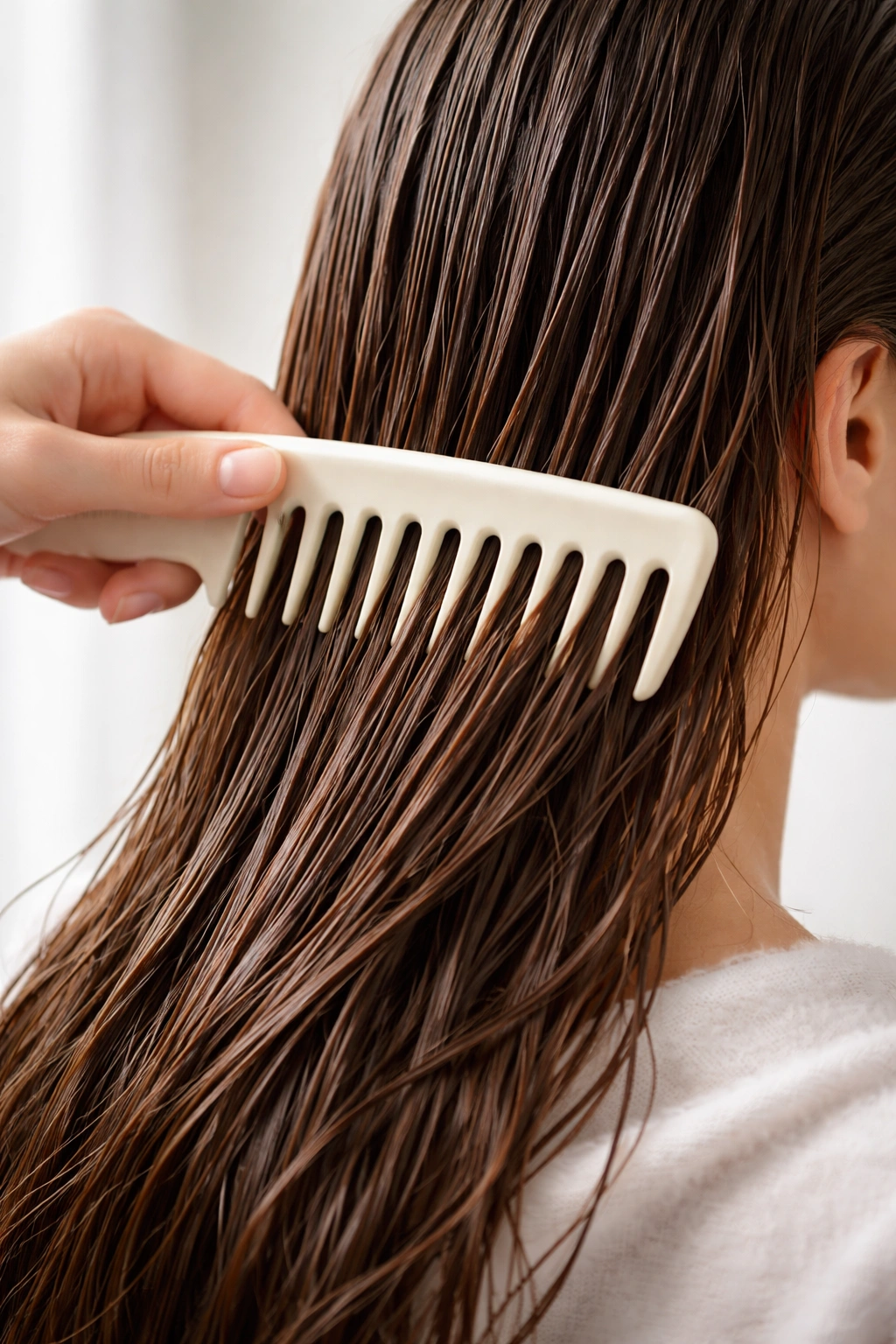 Wide-tooth comb detangling damp hair with minimal resistance